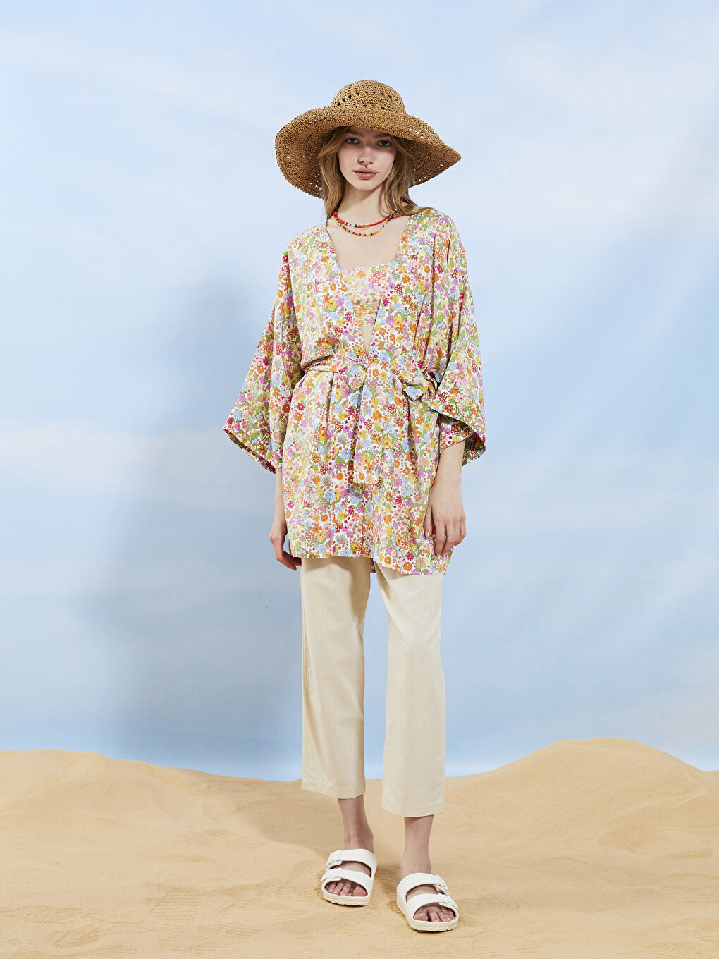 Shawl Collar Patterned Tie Detail Viscose Women's Kimono-4