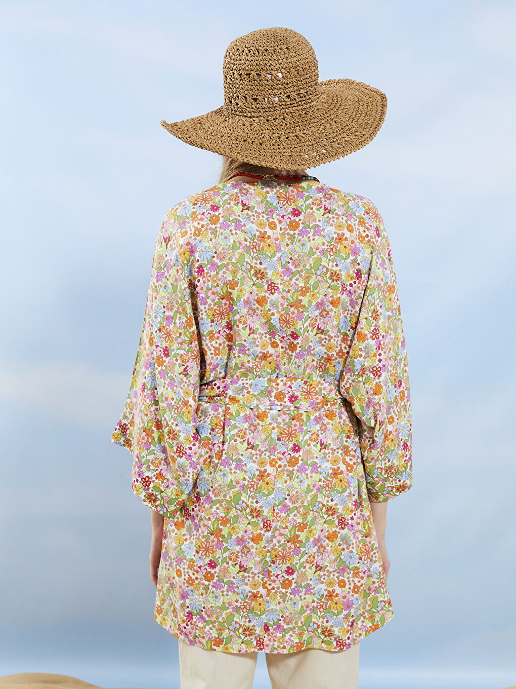 Shawl Collar Patterned Tie Detail Viscose Women's Kimono-6