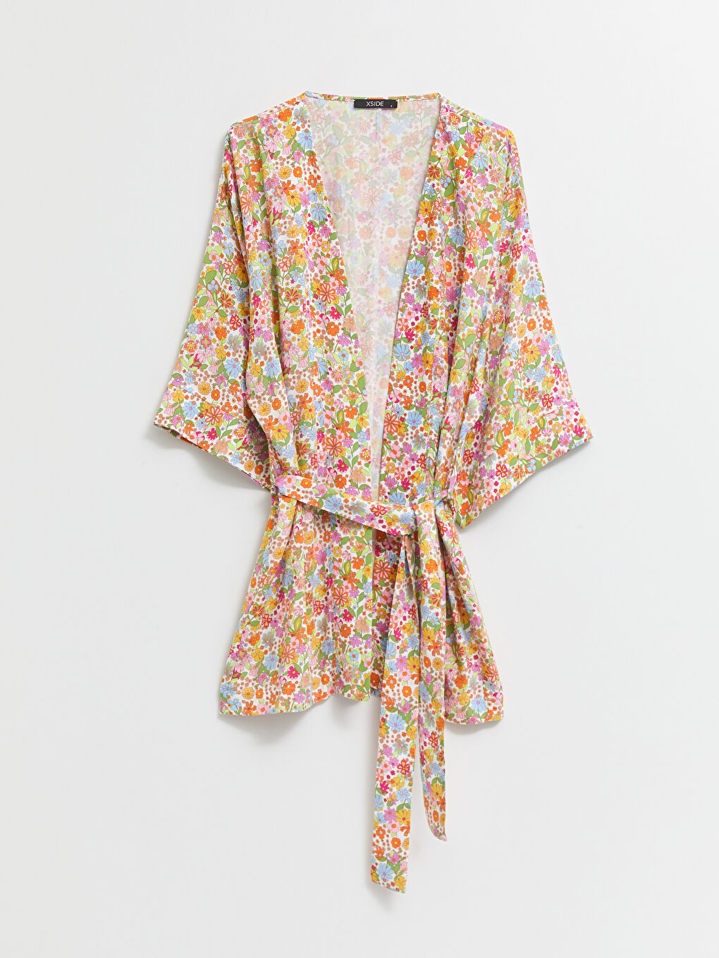 Shawl Collar Patterned Tie Detail Viscose Women's Kimono-9