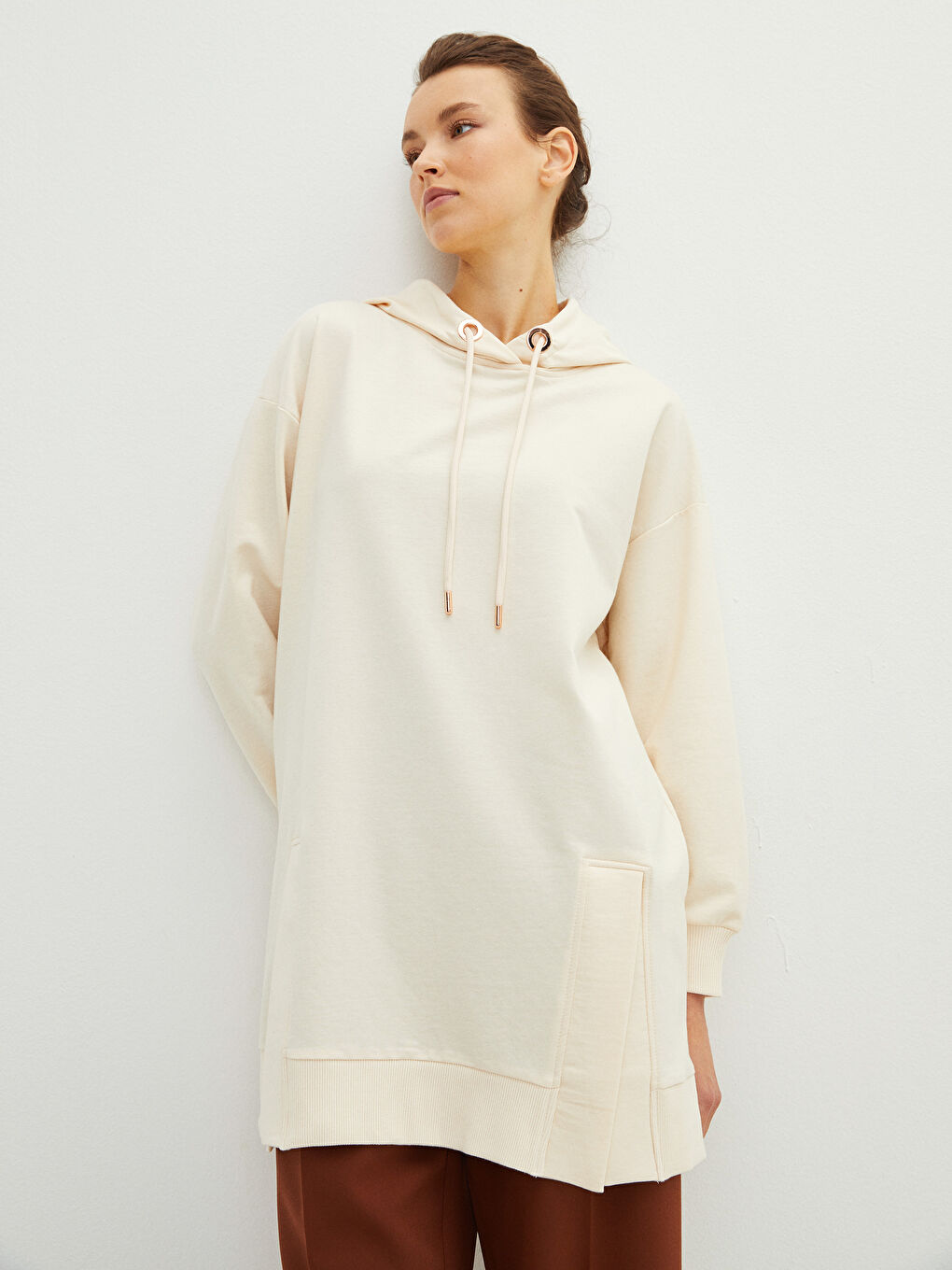 Ekru Kapüşonlu Düz Uzun Kollu Kadın Sweatshirt Tunik