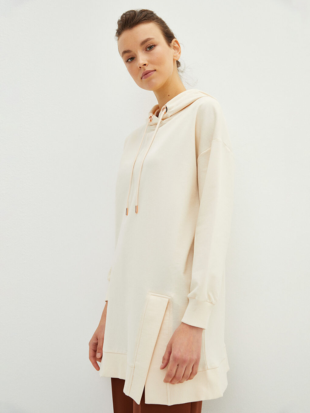 Ekru Kapüşonlu Düz Uzun Kollu Kadın Sweatshirt Tunik-1