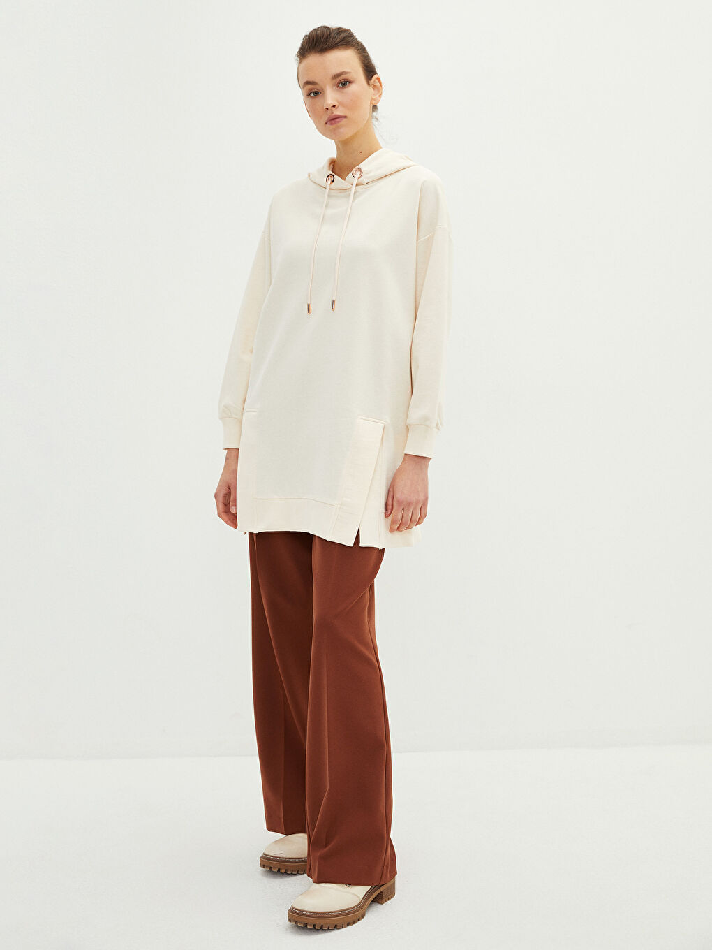 Ekru Kapüşonlu Düz Uzun Kollu Kadın Sweatshirt Tunik-2