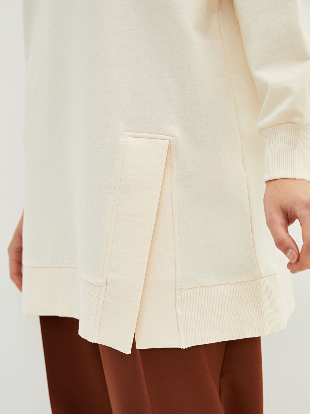 Ekru Kapüşonlu Düz Uzun Kollu Kadın Sweatshirt Tunik-3