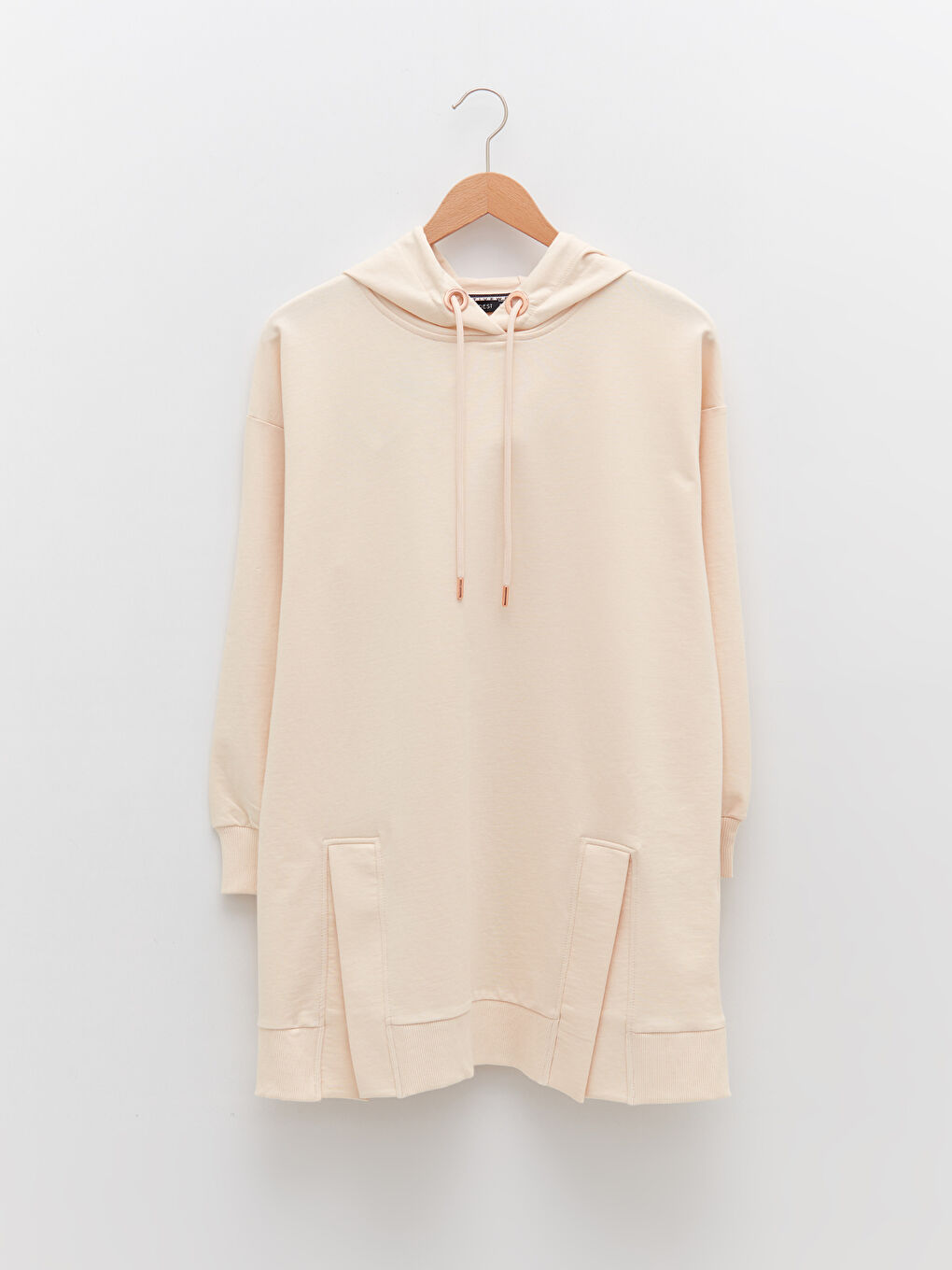 Ekru Kapüşonlu Düz Uzun Kollu Kadın Sweatshirt Tunik-5