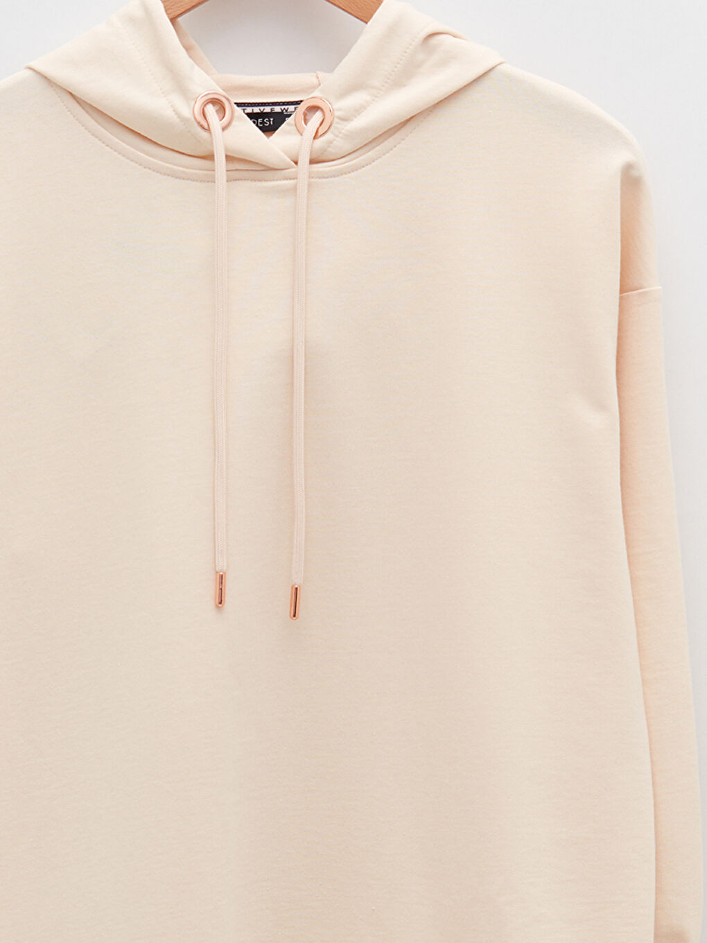 Ekru Kapüşonlu Düz Uzun Kollu Kadın Sweatshirt Tunik-7