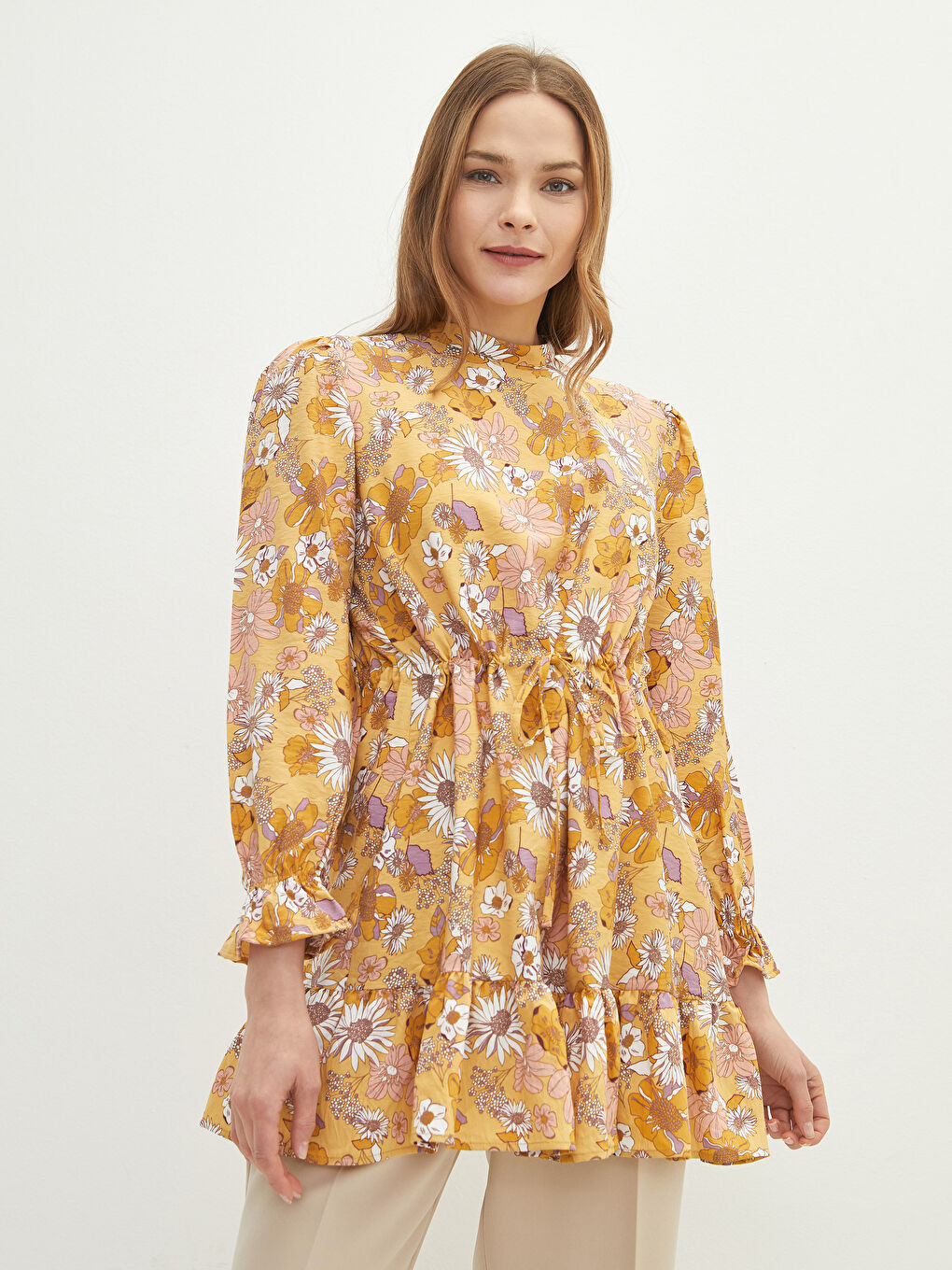 Sarı Hakim Yaka Çiçekli Uzun Kollu Kadın Tunik-1