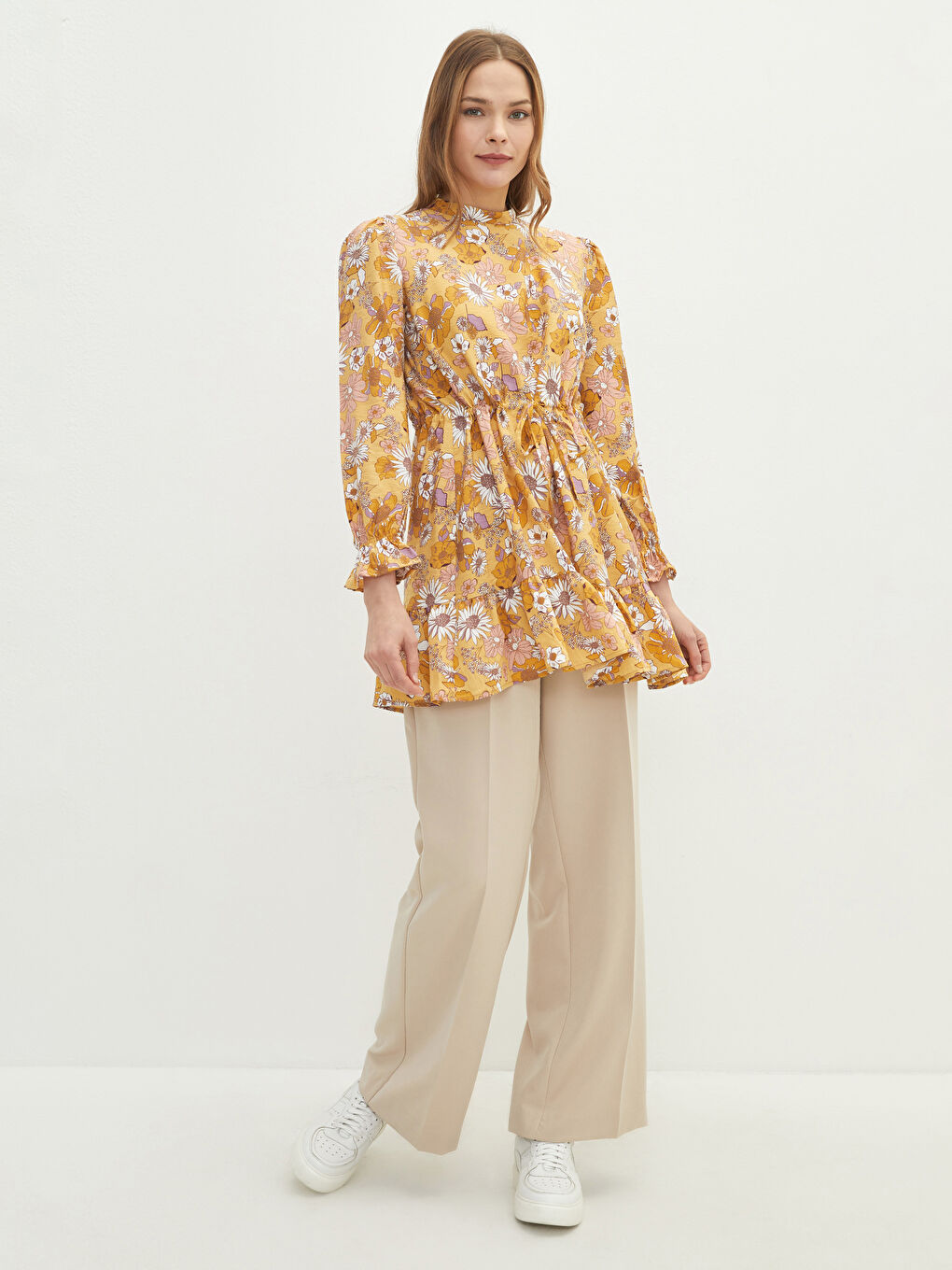 Sarı Hakim Yaka Çiçekli Uzun Kollu Kadın Tunik-2