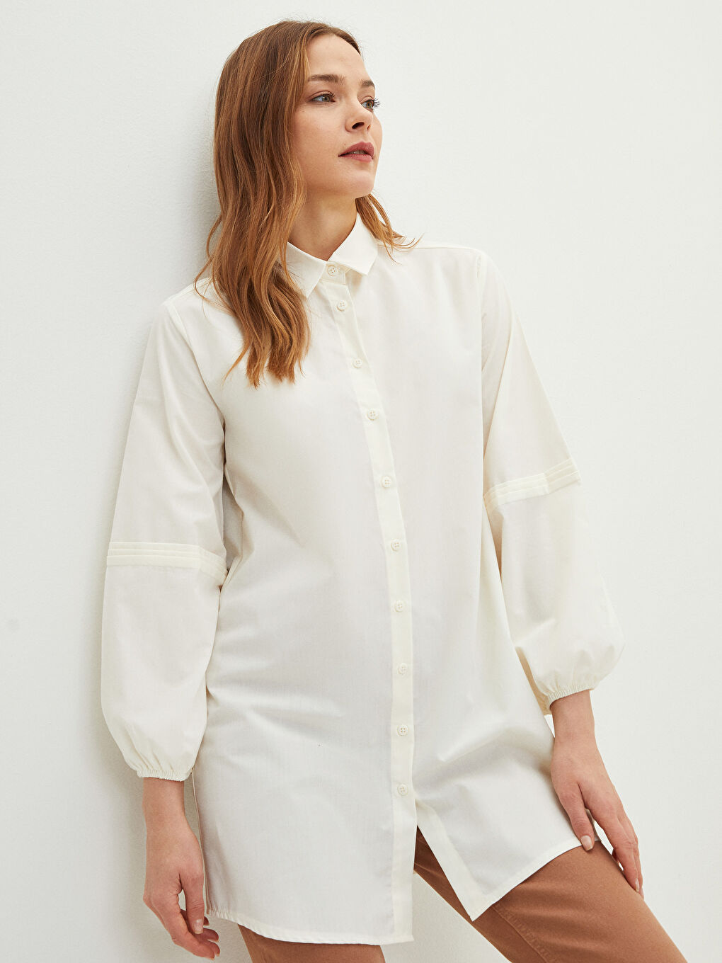 Ekru Düz Poplin Kadın Gömlek Tunik
