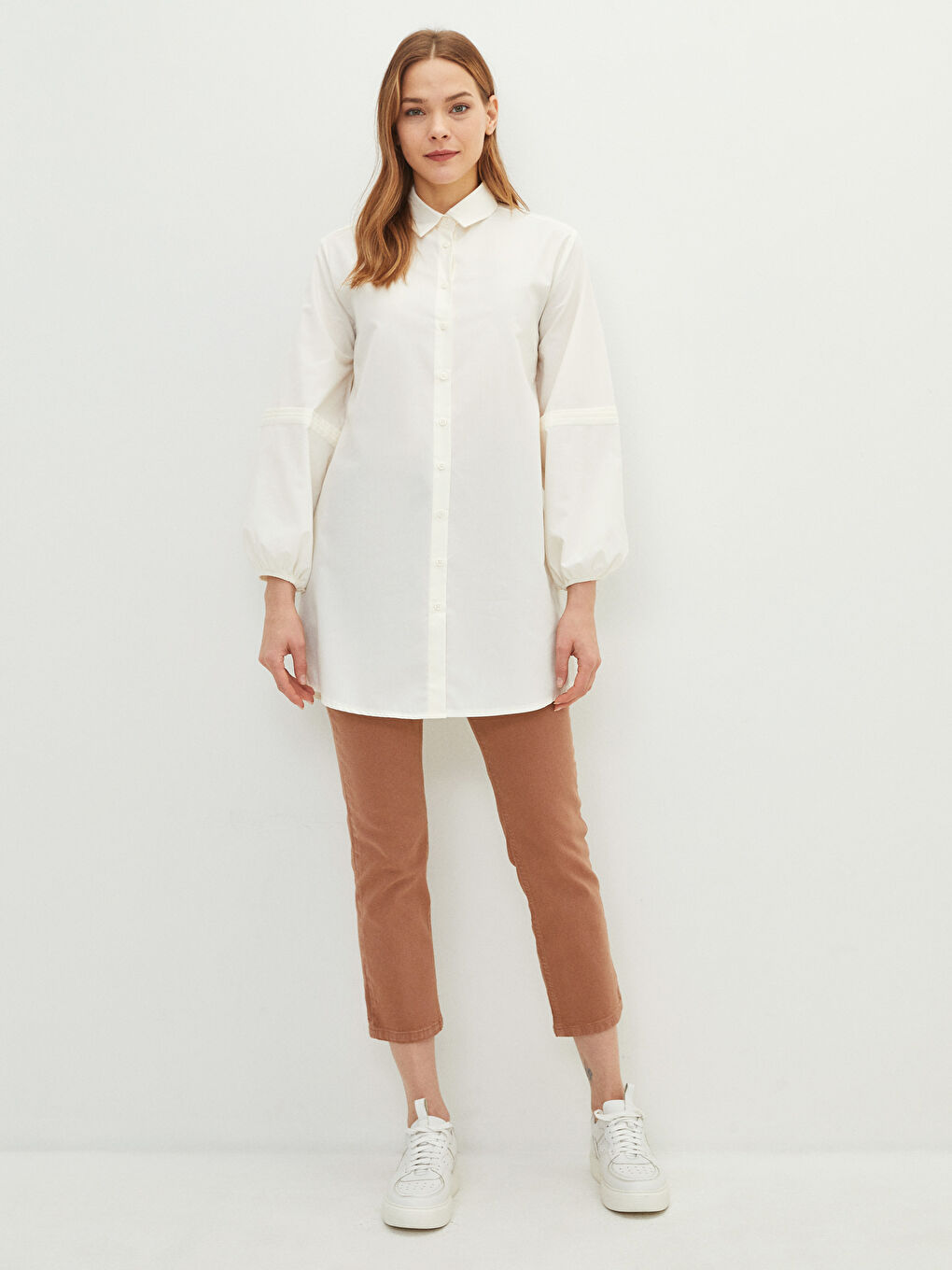 Ekru Düz Poplin Kadın Gömlek Tunik-2