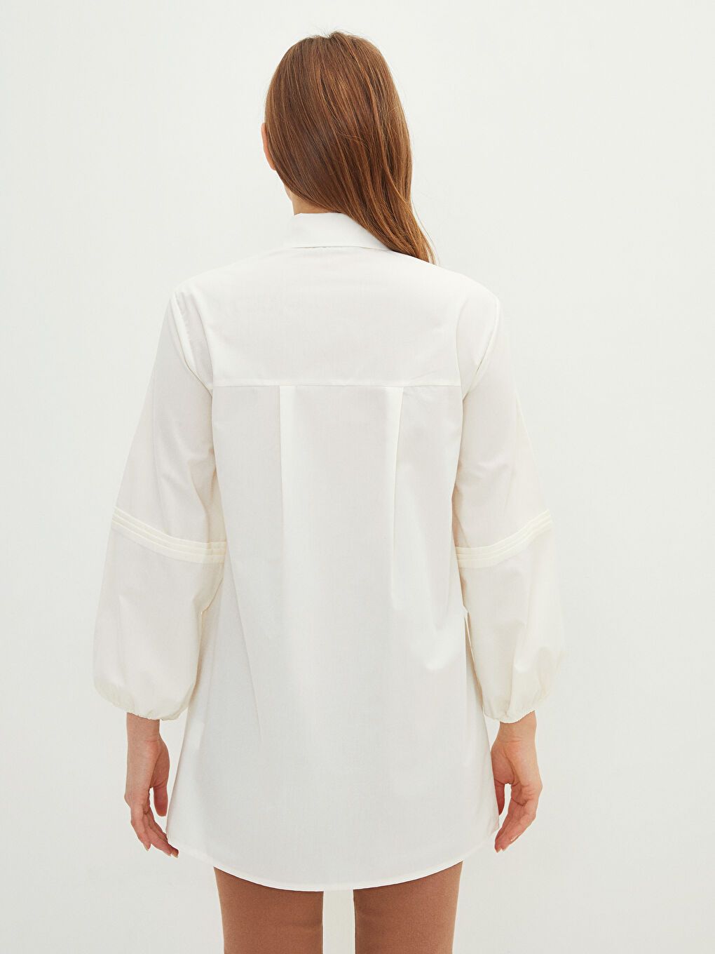 Ekru Düz Poplin Kadın Gömlek Tunik-4