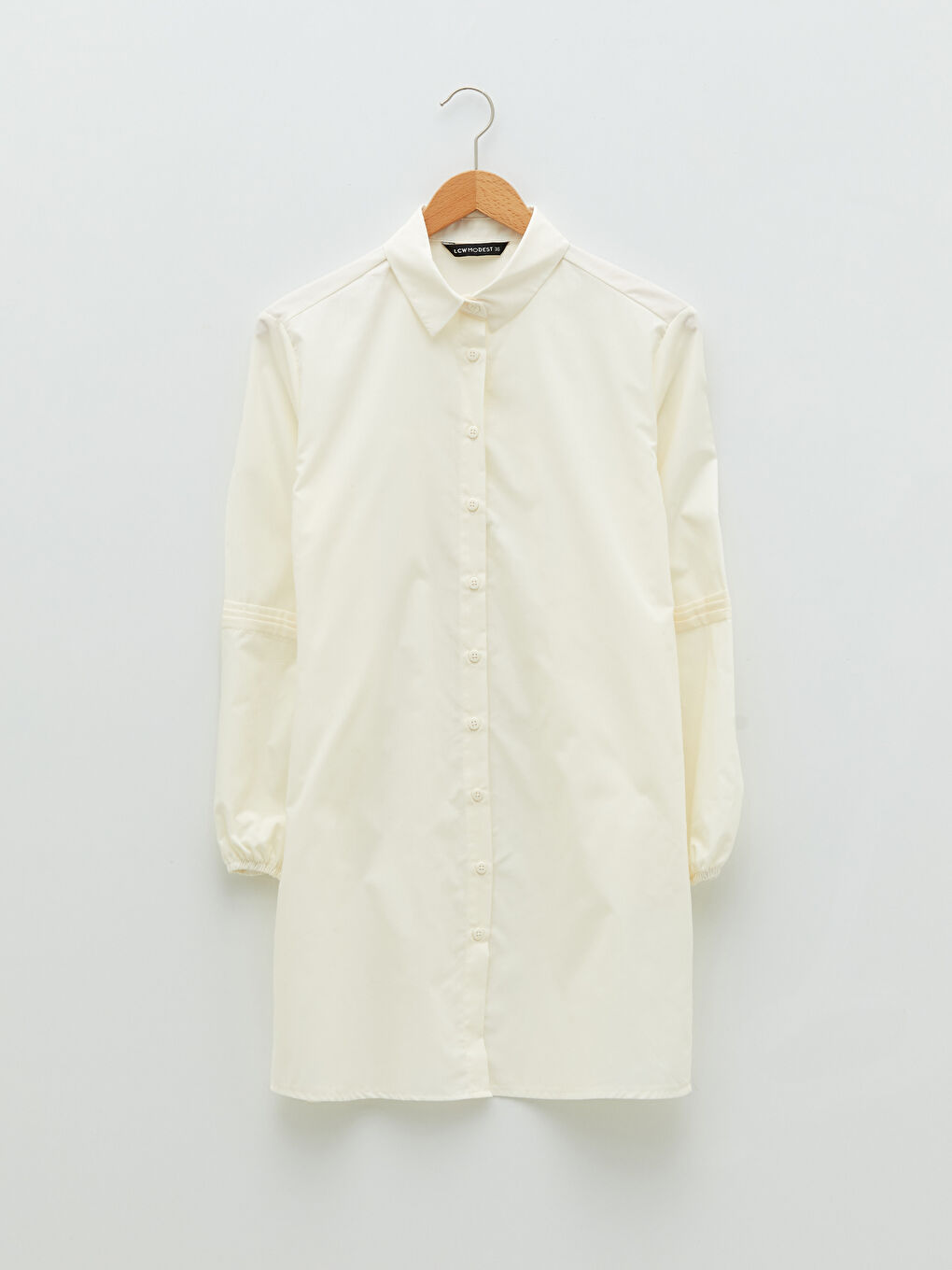 Ekru Düz Poplin Kadın Gömlek Tunik-5