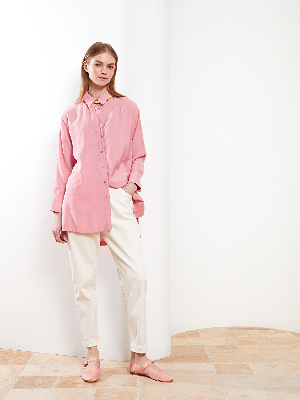 Pembe Düz Uzun Kollu Oversize Kadın Gömlek Tunik