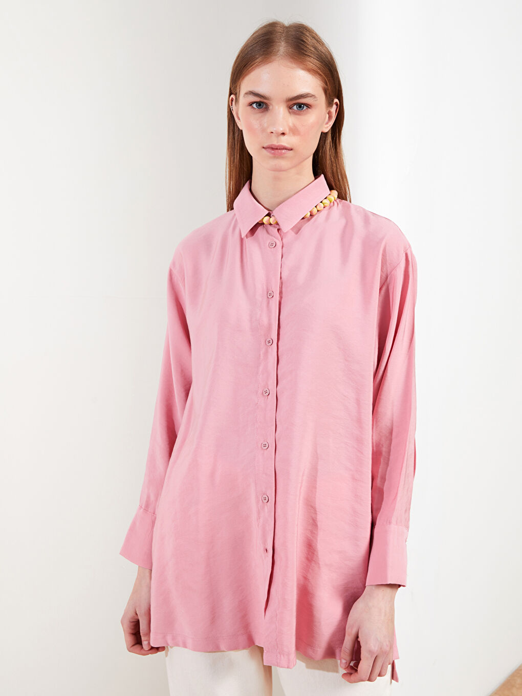 Pembe Düz Uzun Kollu Oversize Kadın Gömlek Tunik-1