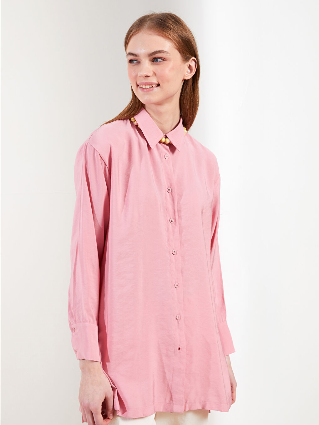 Pembe Düz Uzun Kollu Oversize Kadın Gömlek Tunik-2