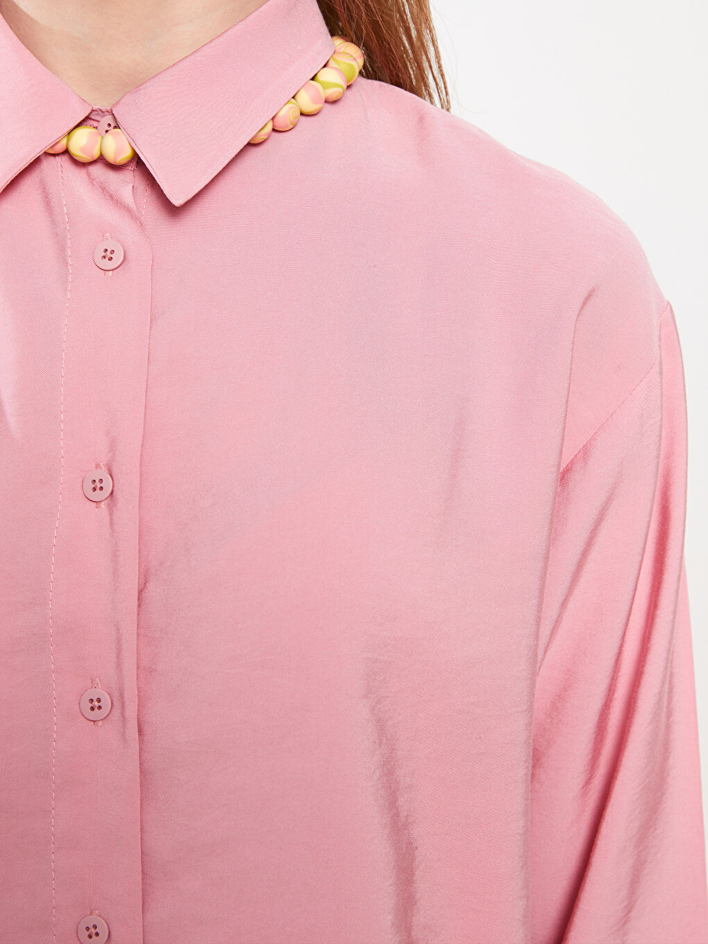 Pembe Düz Uzun Kollu Oversize Kadın Gömlek Tunik-3