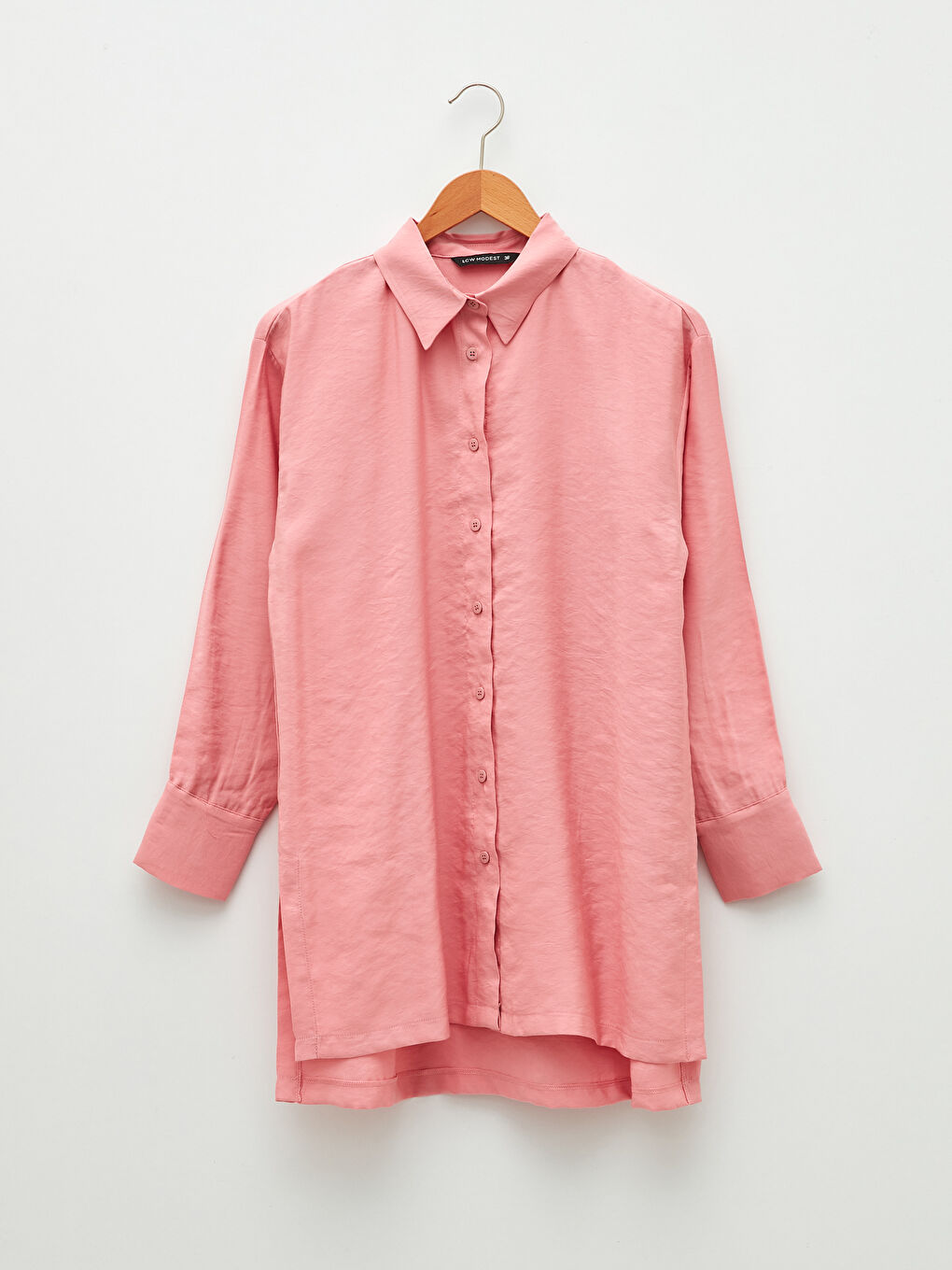 Pembe Düz Uzun Kollu Oversize Kadın Gömlek Tunik-5