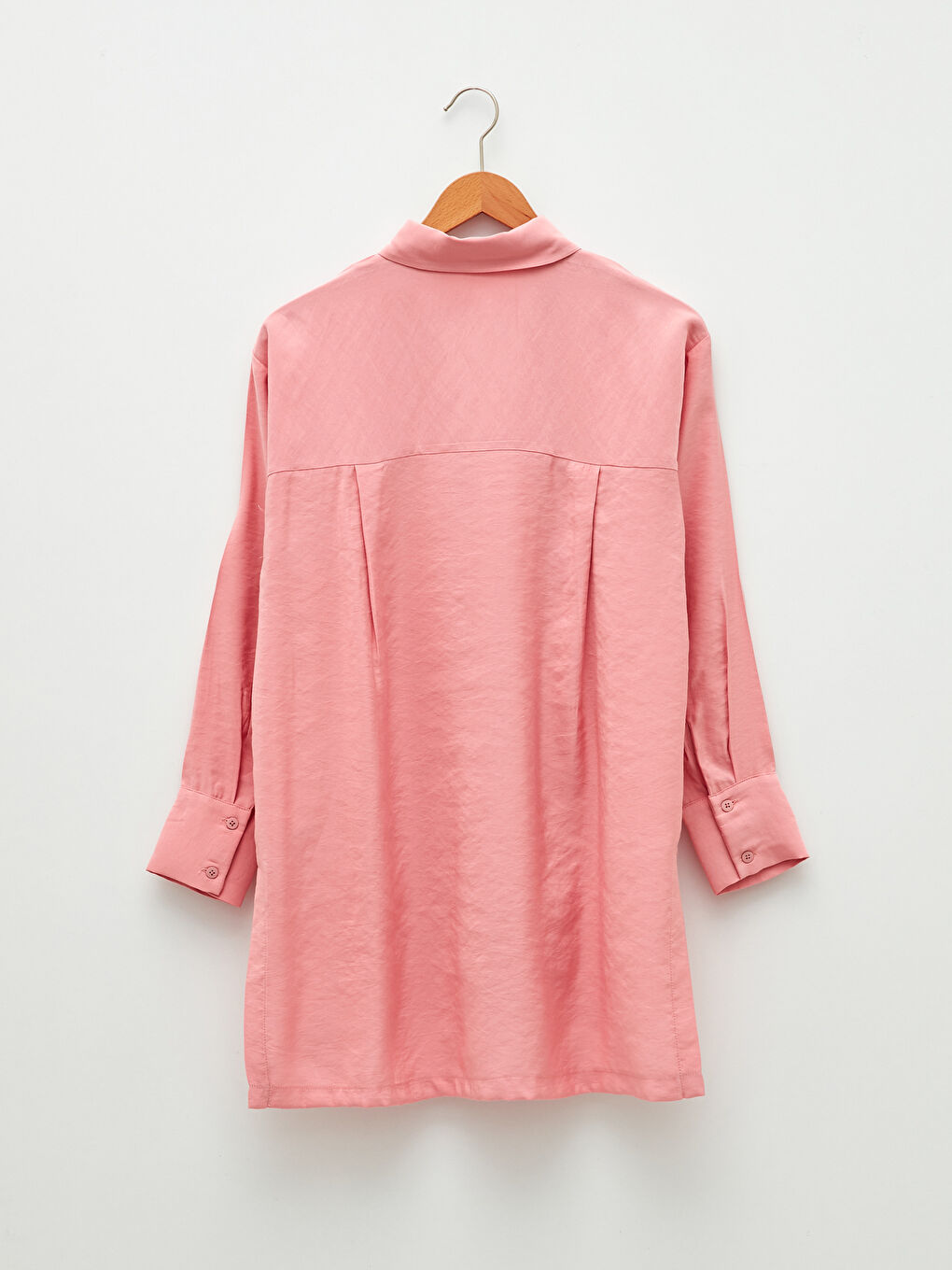 Pembe Düz Uzun Kollu Oversize Kadın Gömlek Tunik-6