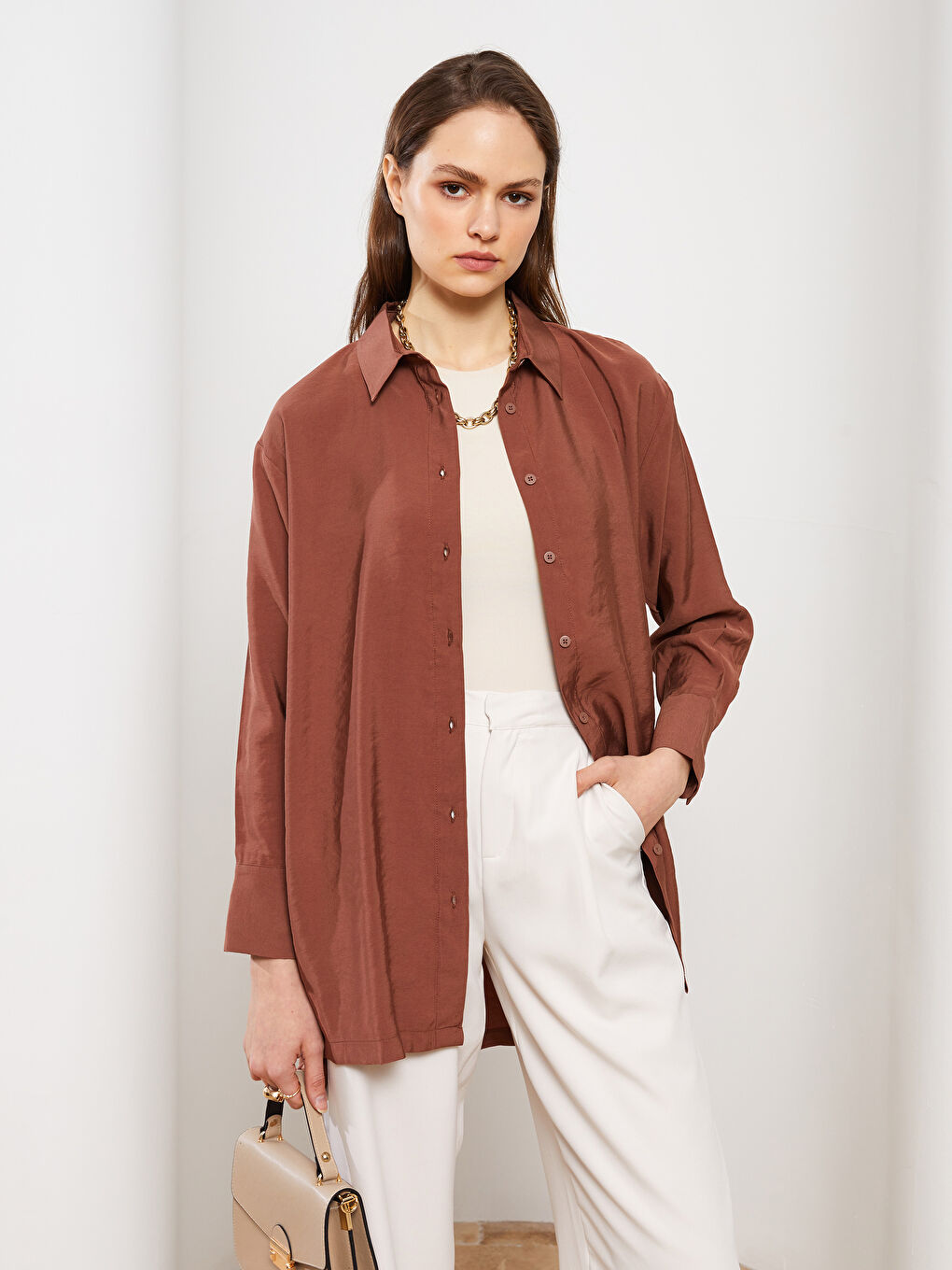 قميص تونيك سادة كم طويل واسع للسيدات-1