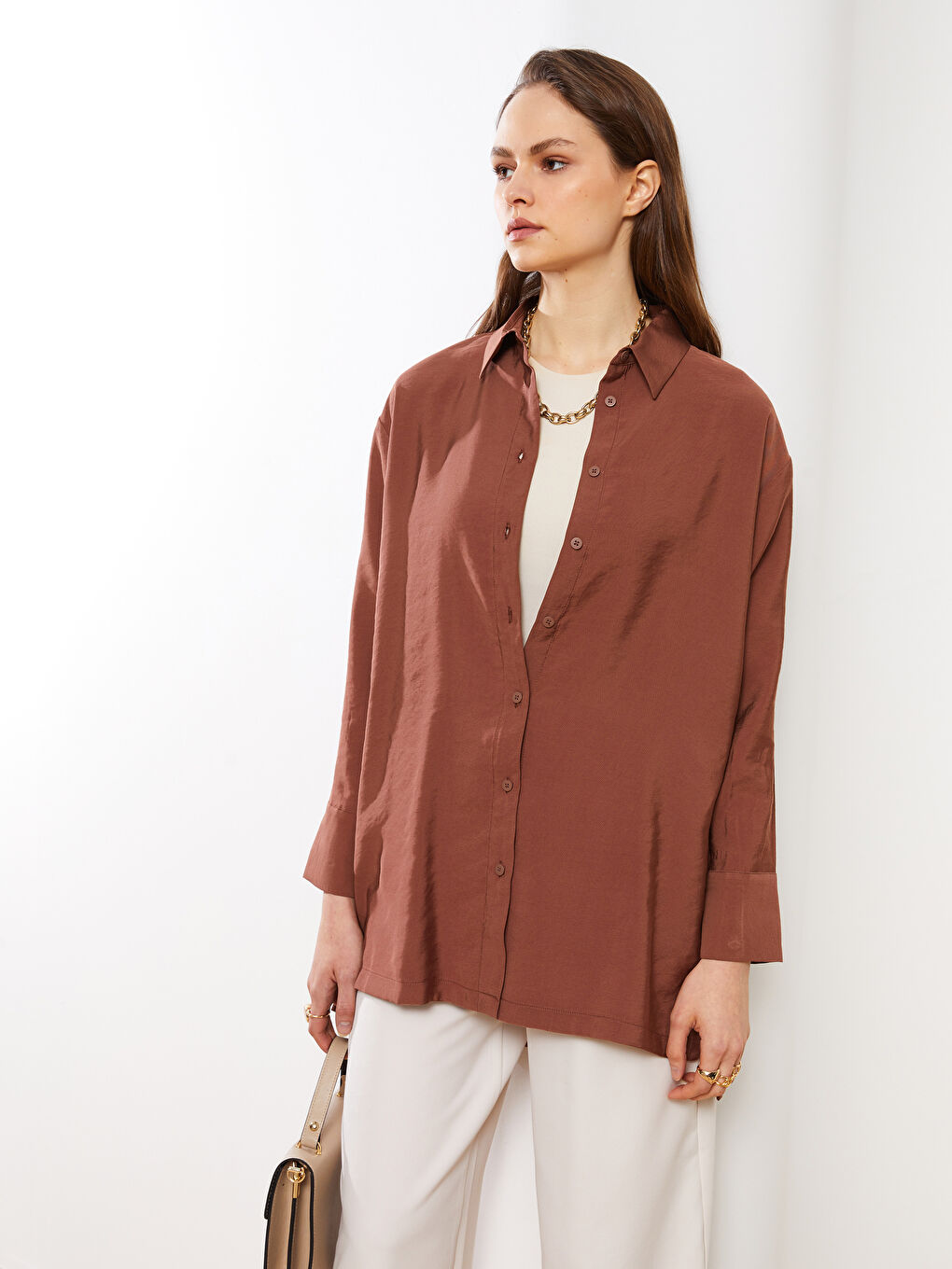 قميص تونيك سادة كم طويل واسع للسيدات-2