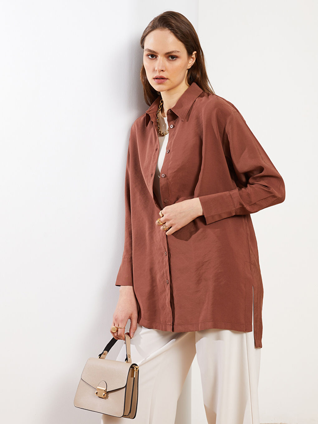 قميص تونيك سادة كم طويل واسع للسيدات-3