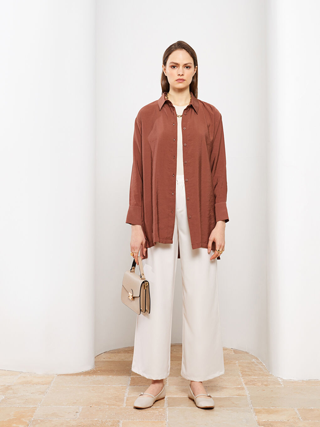 قميص تونيك سادة كم طويل واسع للسيدات-5