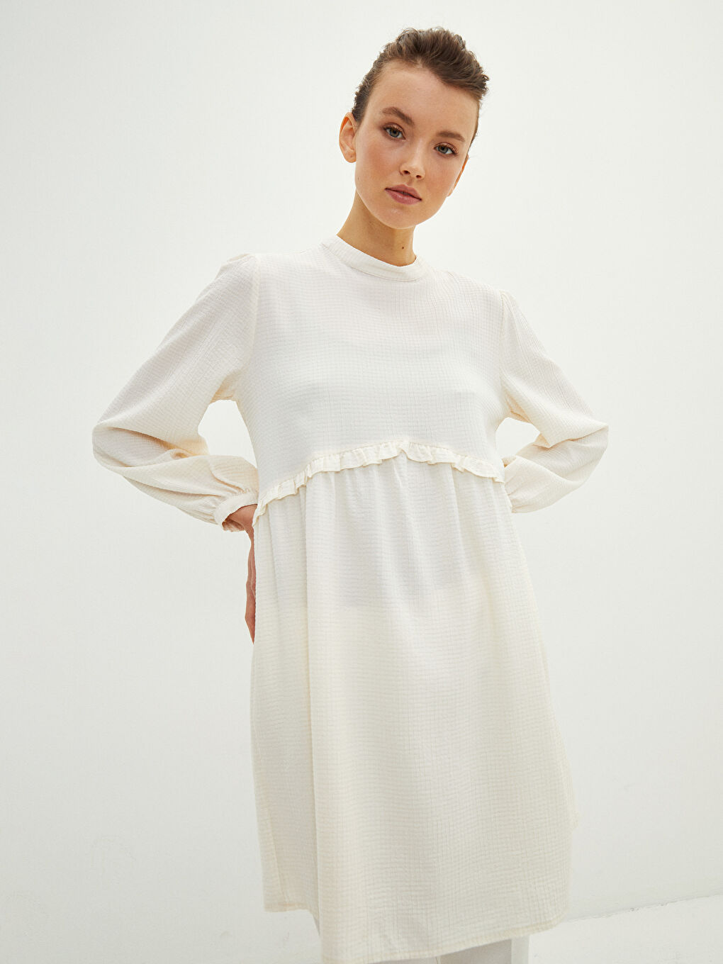 Grandad Collar Patterned Long Sleeve Women's Tunic