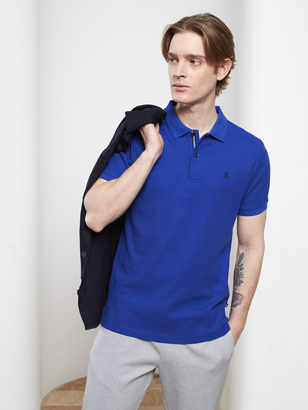 Mavi Polo Yaka Kısa Kollu Erkek Tişört-3