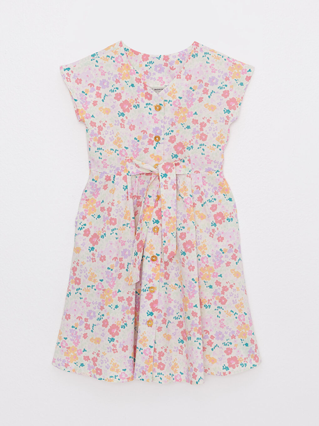 Ekru V Yaka Desenli Kısa Kollu Kız Çocuk Elbise