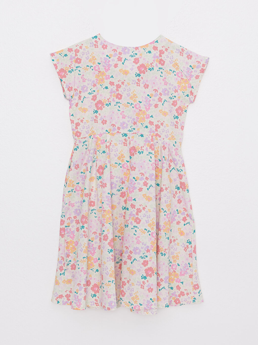 Ekru V Yaka Desenli Kısa Kollu Kız Çocuk Elbise-1