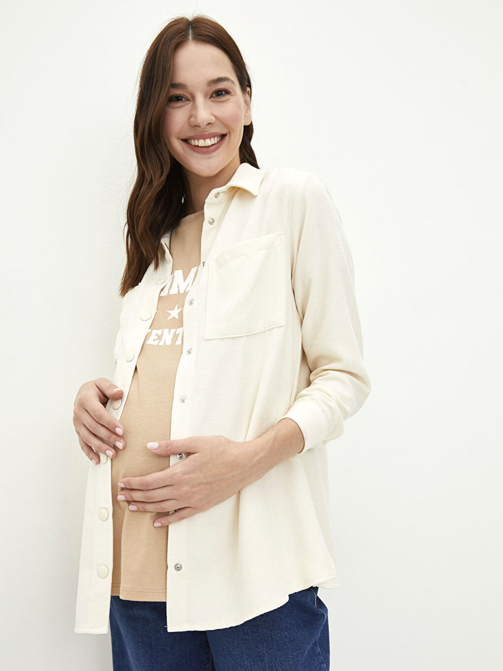 LCWAIKIKI Maternity Front Button Closure Plain Long Sleeve Velvet Maternity Shirt -S2EM63Z8-QVK