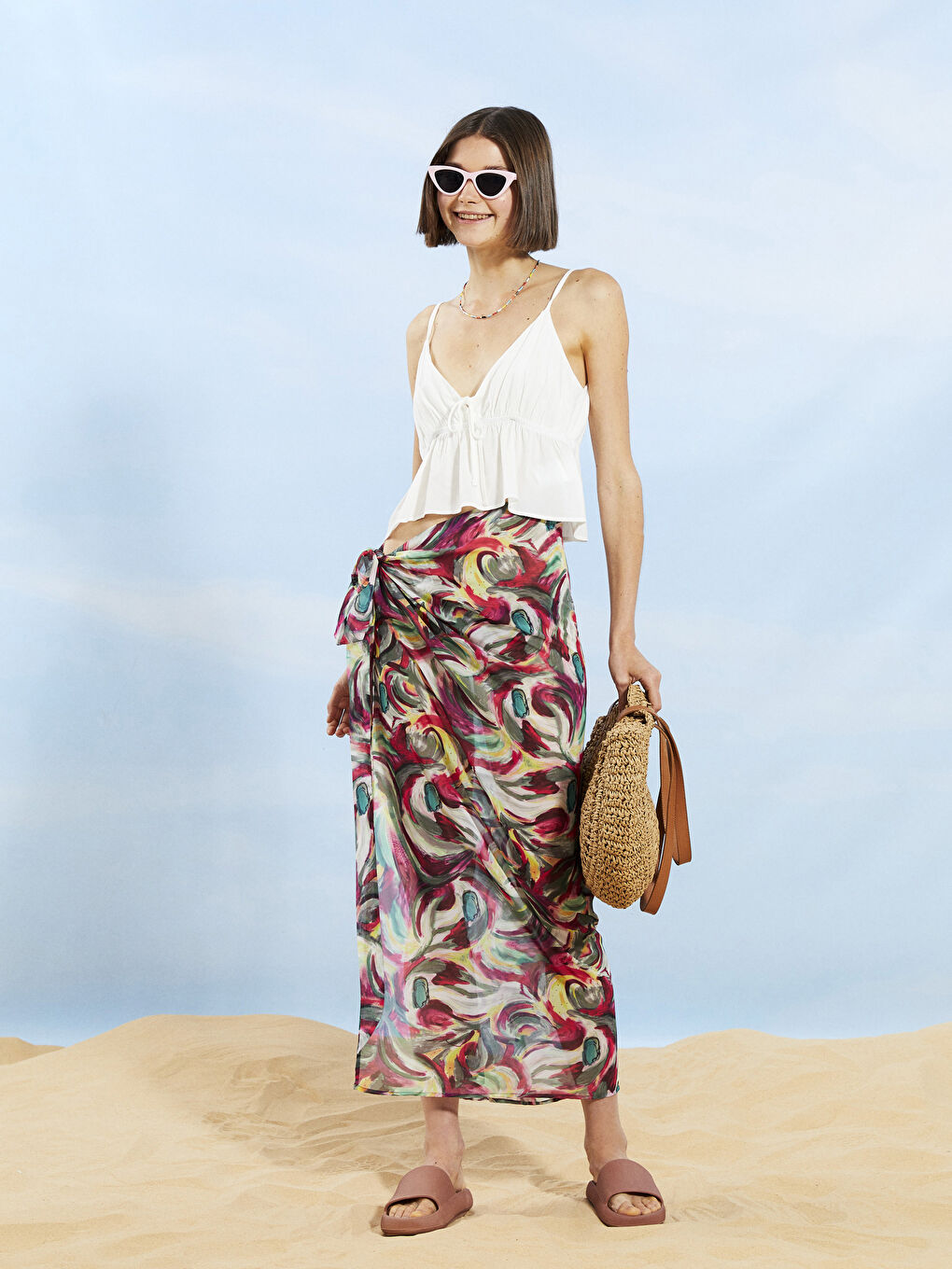 Karışık Beli Bağlamalı Desenli Şifon Kadın Pareo-2