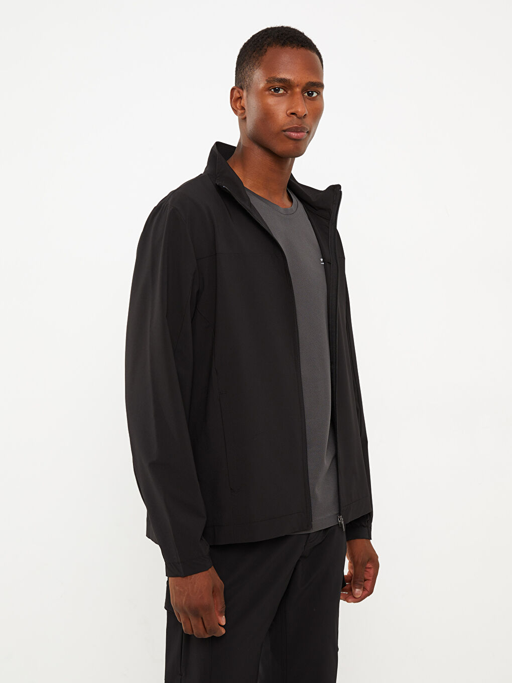 Siyah Standart Kalıp Dik Yaka Erkek Hırka-1