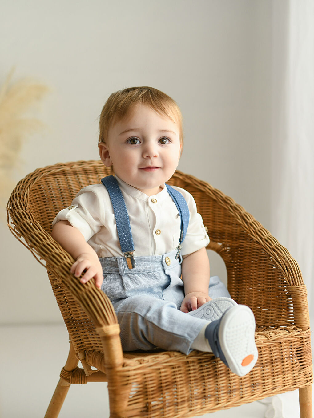 Ekru Bisiklet Yaka Erkek Bebek Çıtçıtlı Body Pantolon ve Pantolon Askısı 3'lü