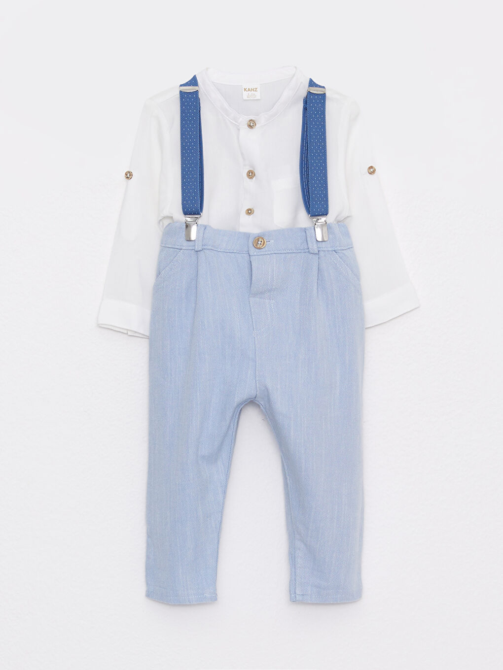 Ekru Bisiklet Yaka Erkek Bebek Çıtçıtlı Body Pantolon ve Pantolon Askısı 3'lü-4