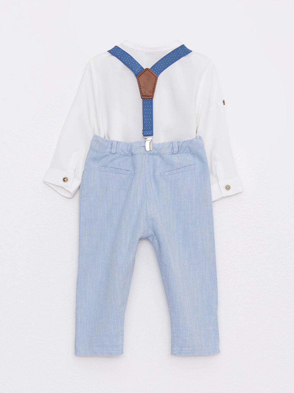 Ekru Bisiklet Yaka Erkek Bebek Çıtçıtlı Body Pantolon ve Pantolon Askısı 3'lü-5