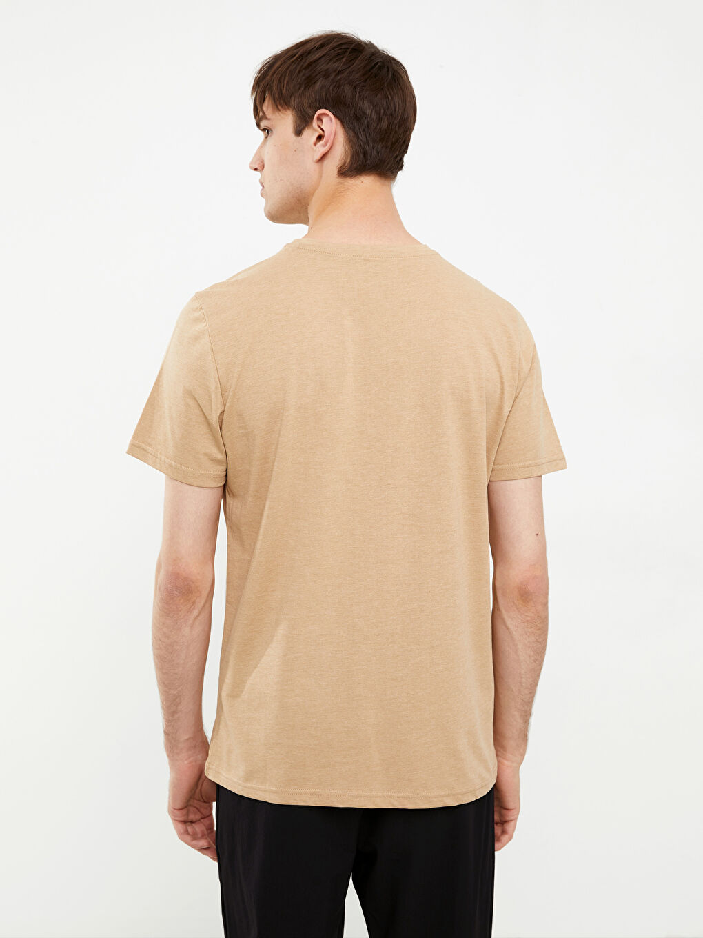 Bej Bisiklet Yaka Kısa Kollu Baskılı Erkek Tişört-4