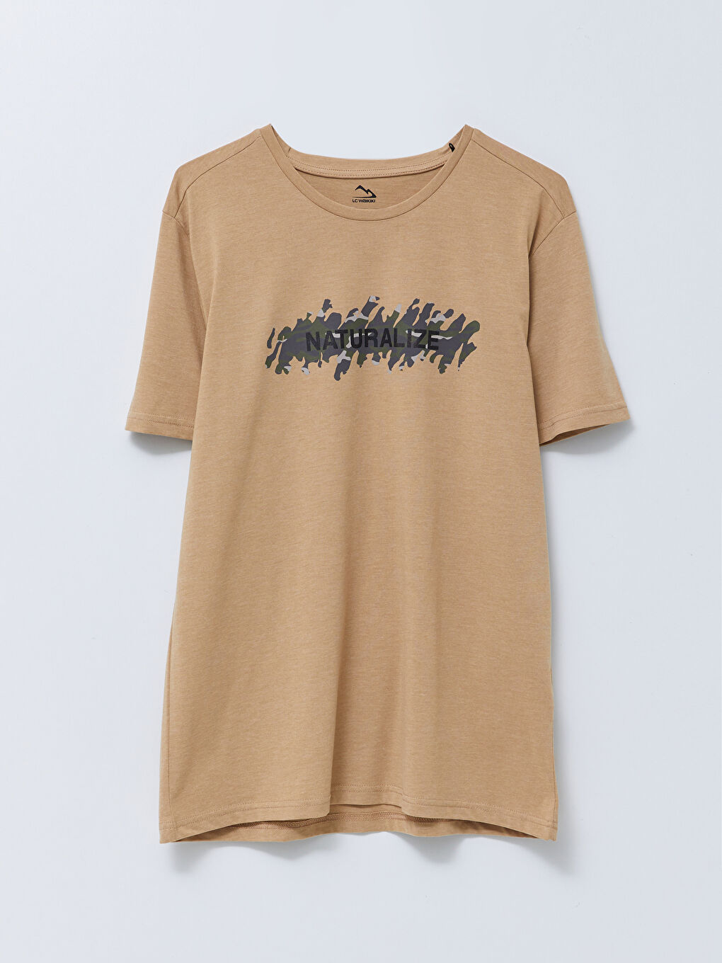 Bej Bisiklet Yaka Kısa Kollu Baskılı Erkek Tişört-5