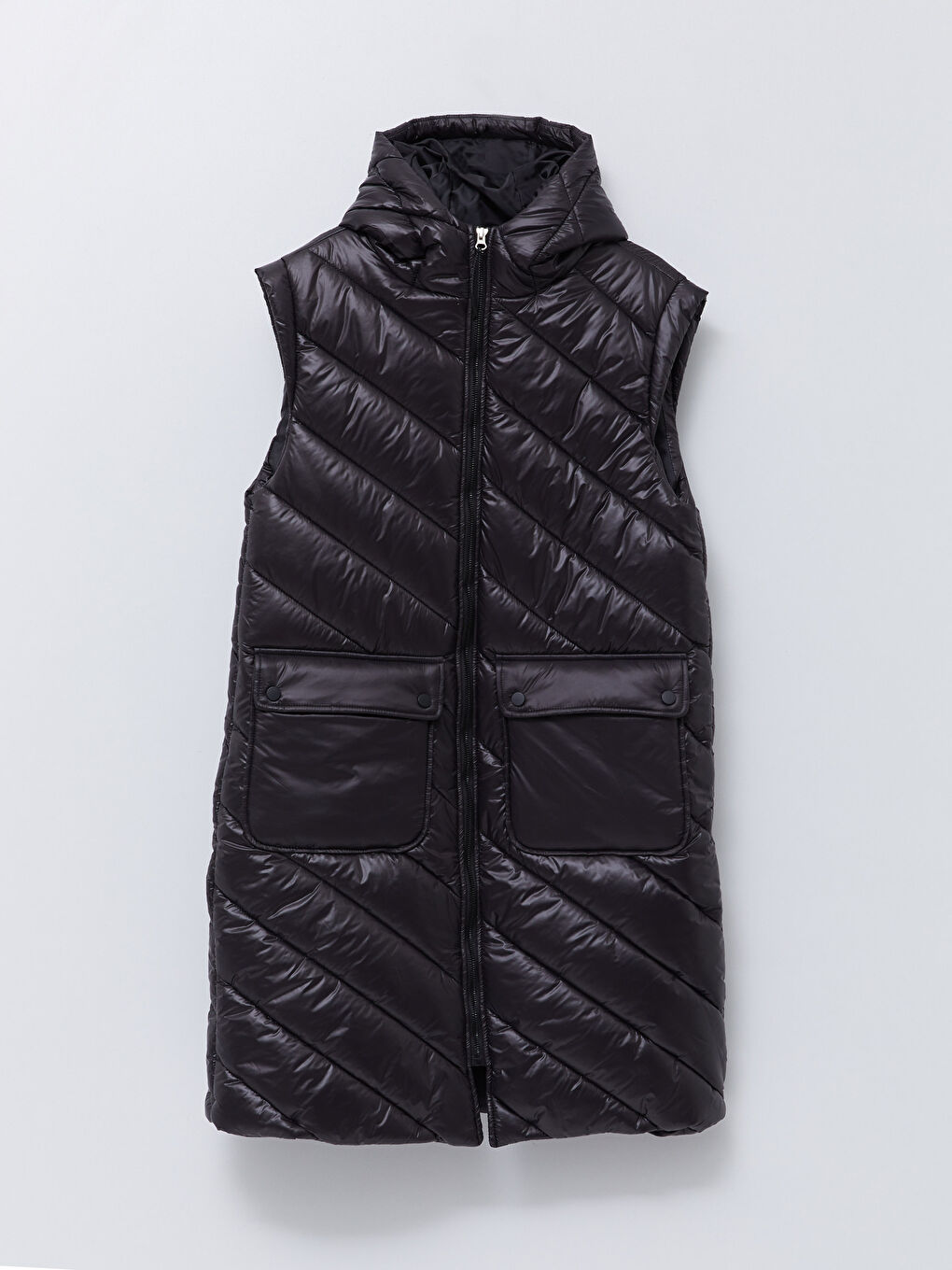 Siyah Kapüşonlu Düz Oversize Kadın Şişme Yelek-6