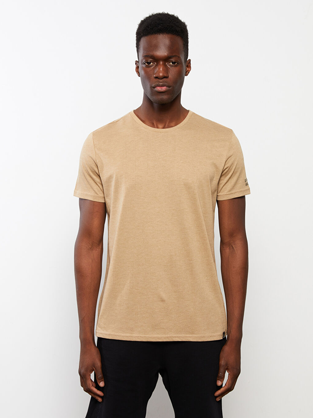 Bej Bisiklet Yaka Kısa Kollu Baskılı Erkek Tişört-1