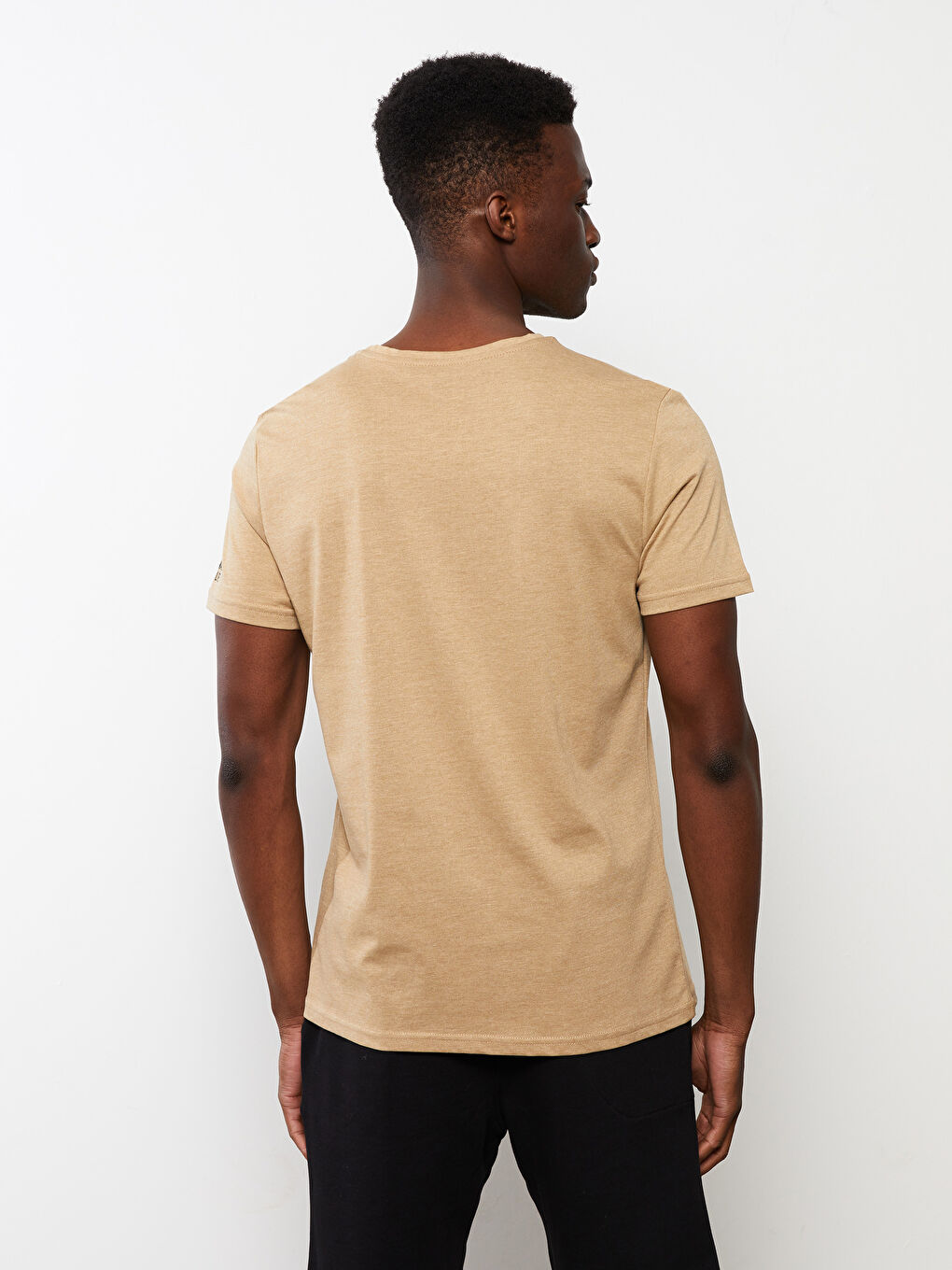 Bej Bisiklet Yaka Kısa Kollu Baskılı Erkek Tişört-4
