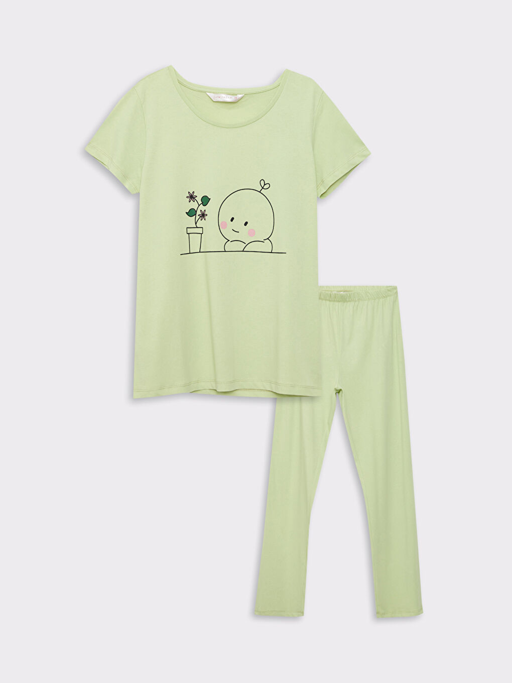 طقم بيجامة ياقة دائرية كم قصير مطبوع قطن للسيدات-5