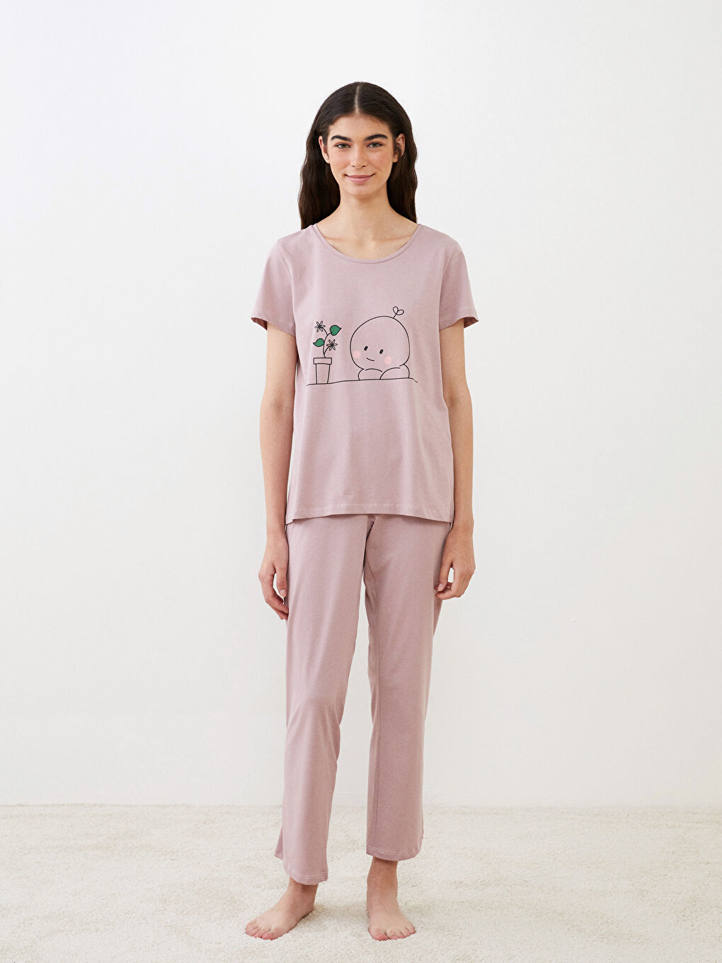 Crew Neck Printed Short Sleeve Cotton Women's Pajama Set