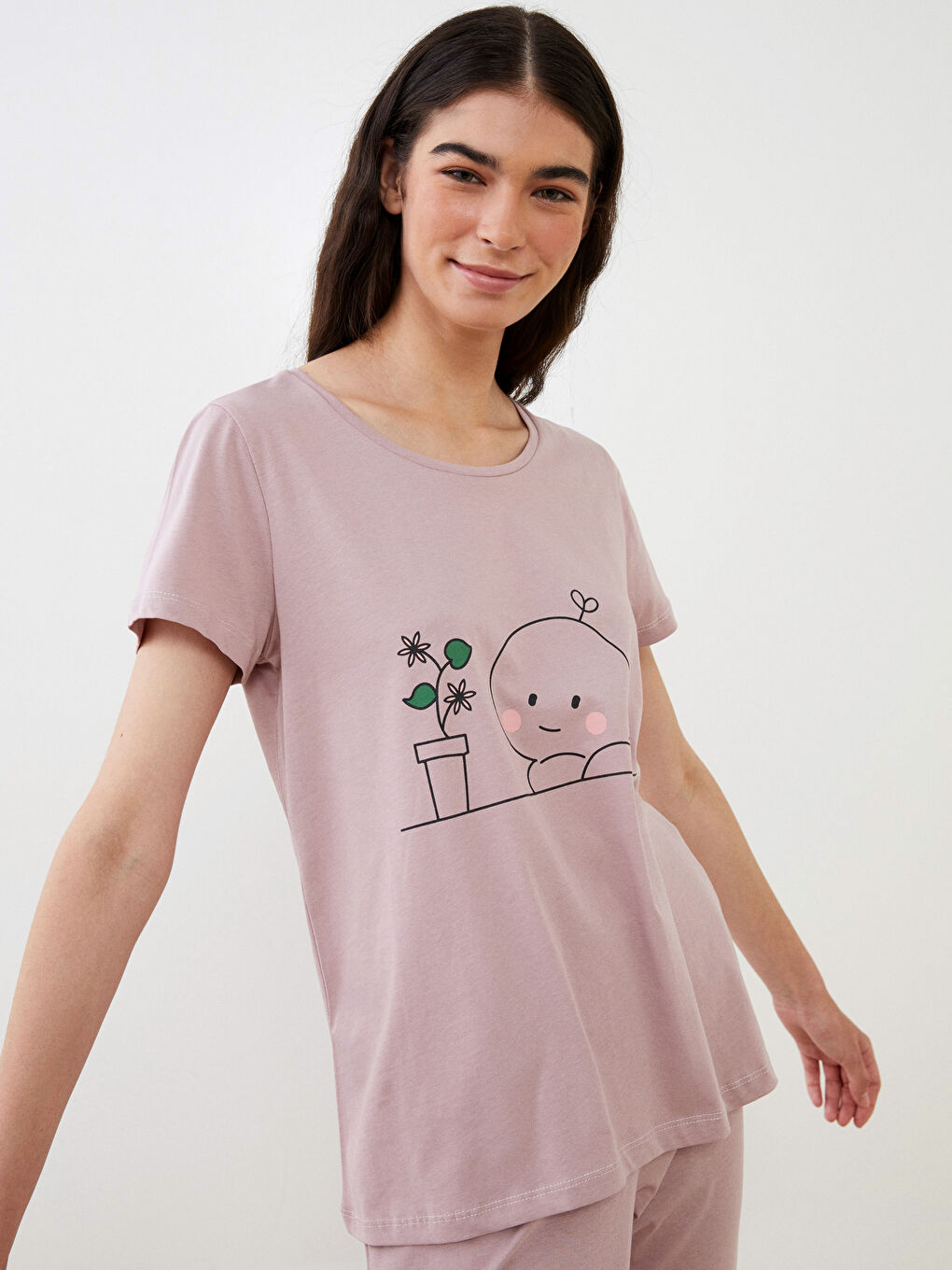 Crew Neck Printed Short Sleeve Cotton Women's Pajama Set-1