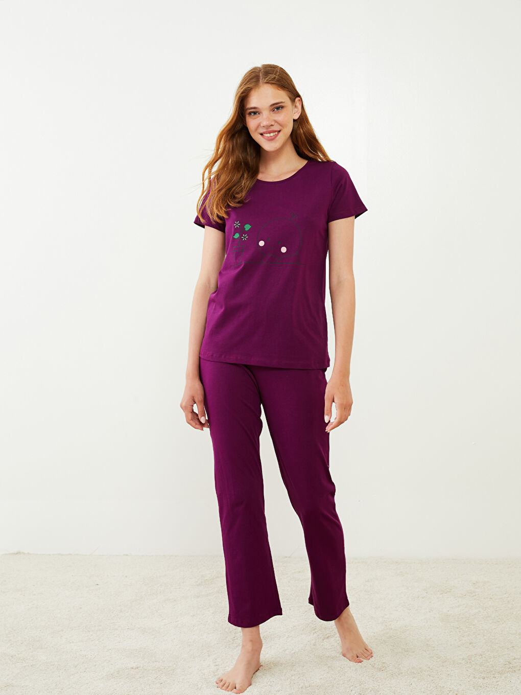 طقم بيجامة ياقة دائرية كم قصير مطبوع قطن للسيدات