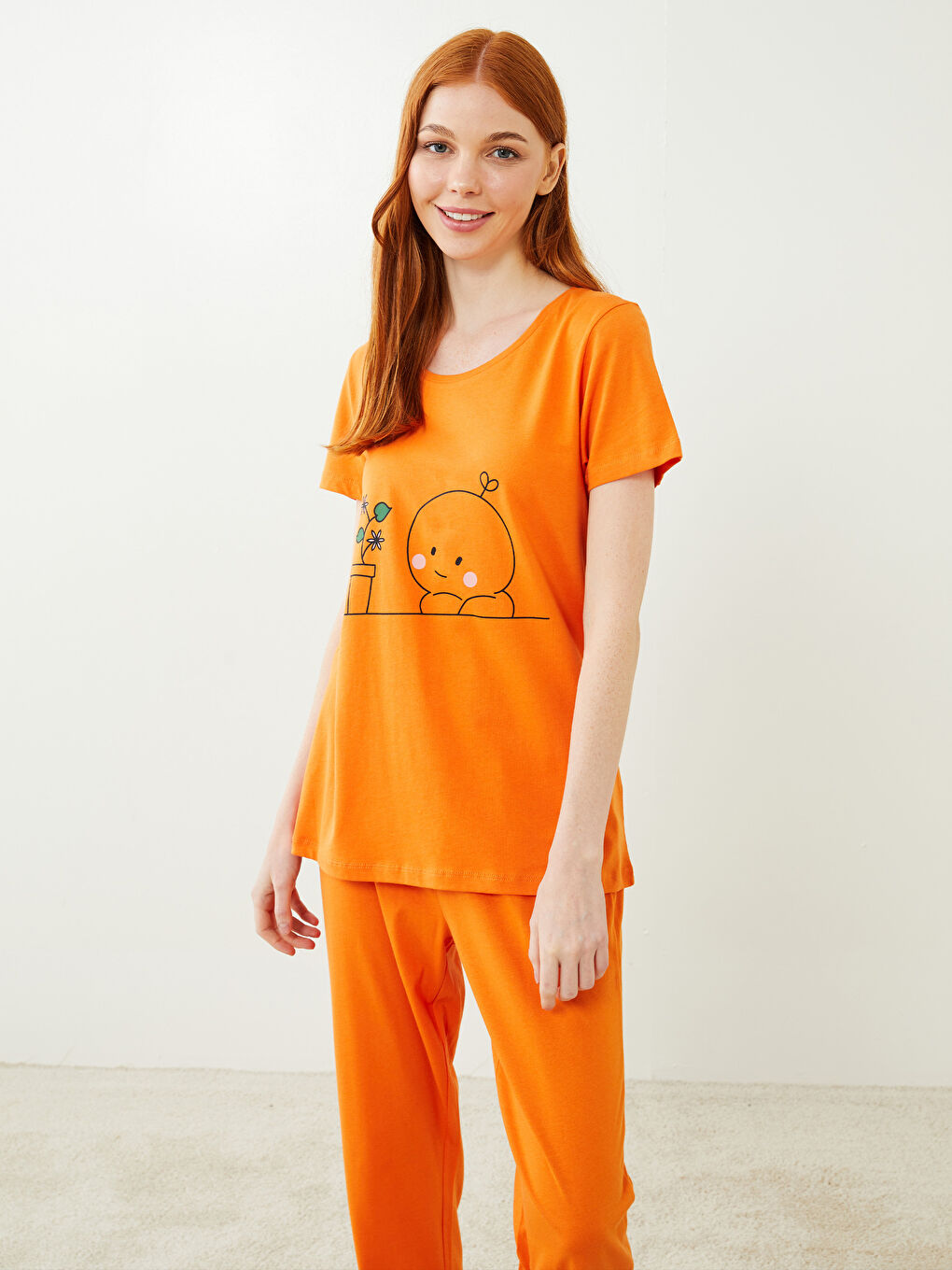 Crew Neck Printed Short Sleeve Cotton Women's Pajama Set-2