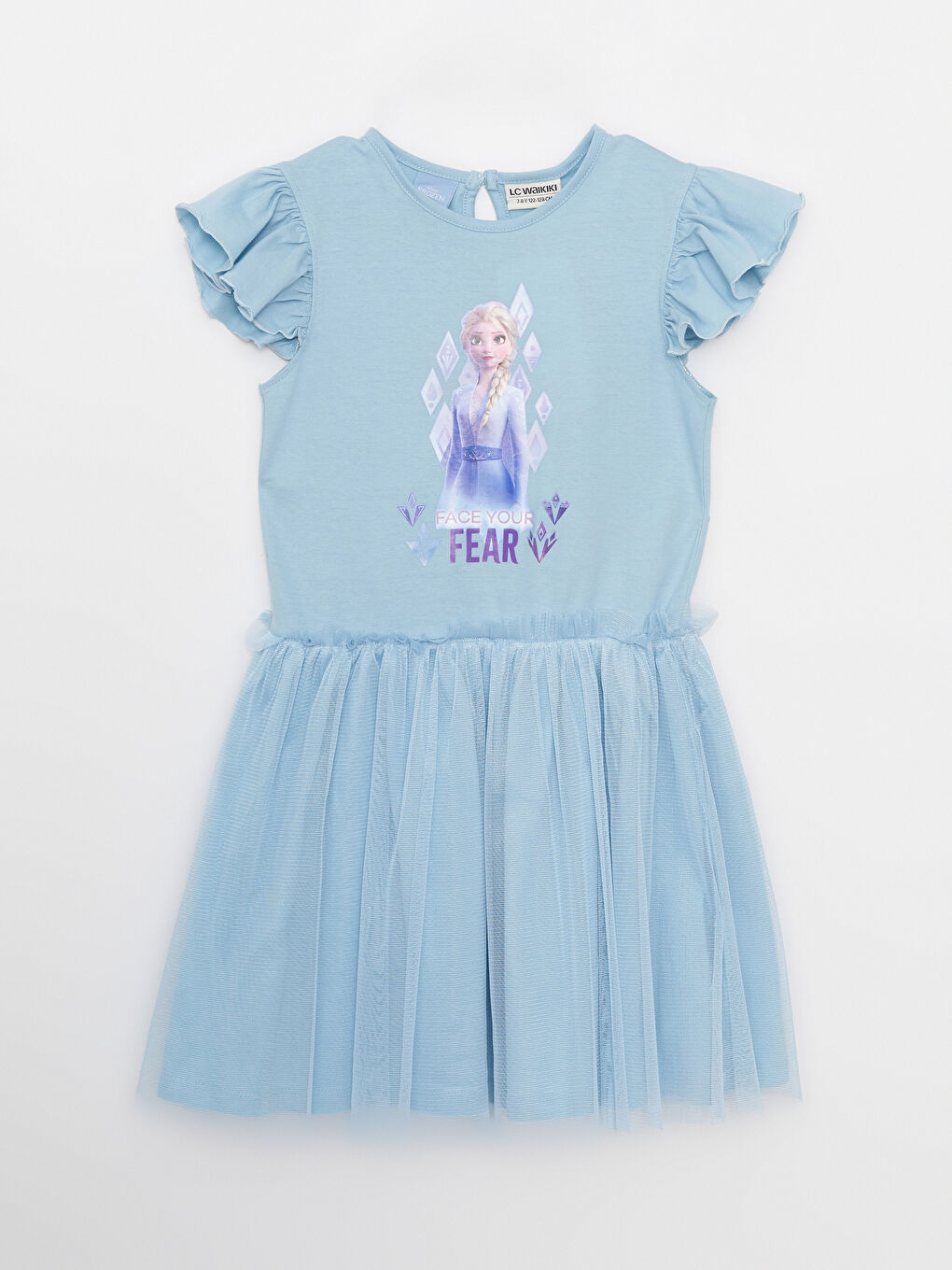 Mavi Bisiklet Yaka Elsa Baskılı Kısa Kollu Kız Çocuk Elbise