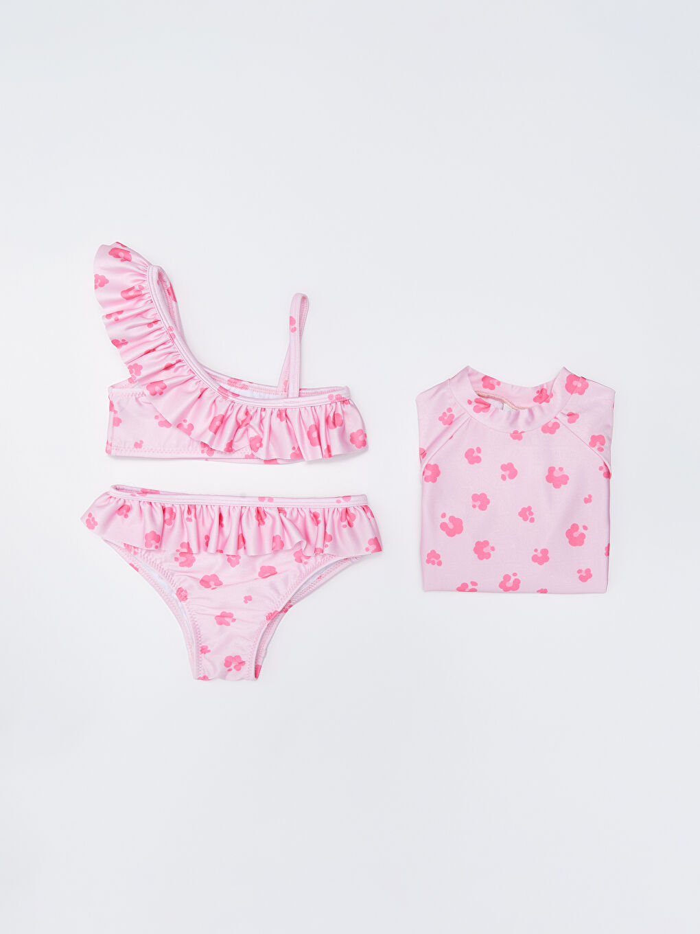 Pembe Esnek Kumaştan Baskılı Kız Bebek Bikini Takımı 3'lü