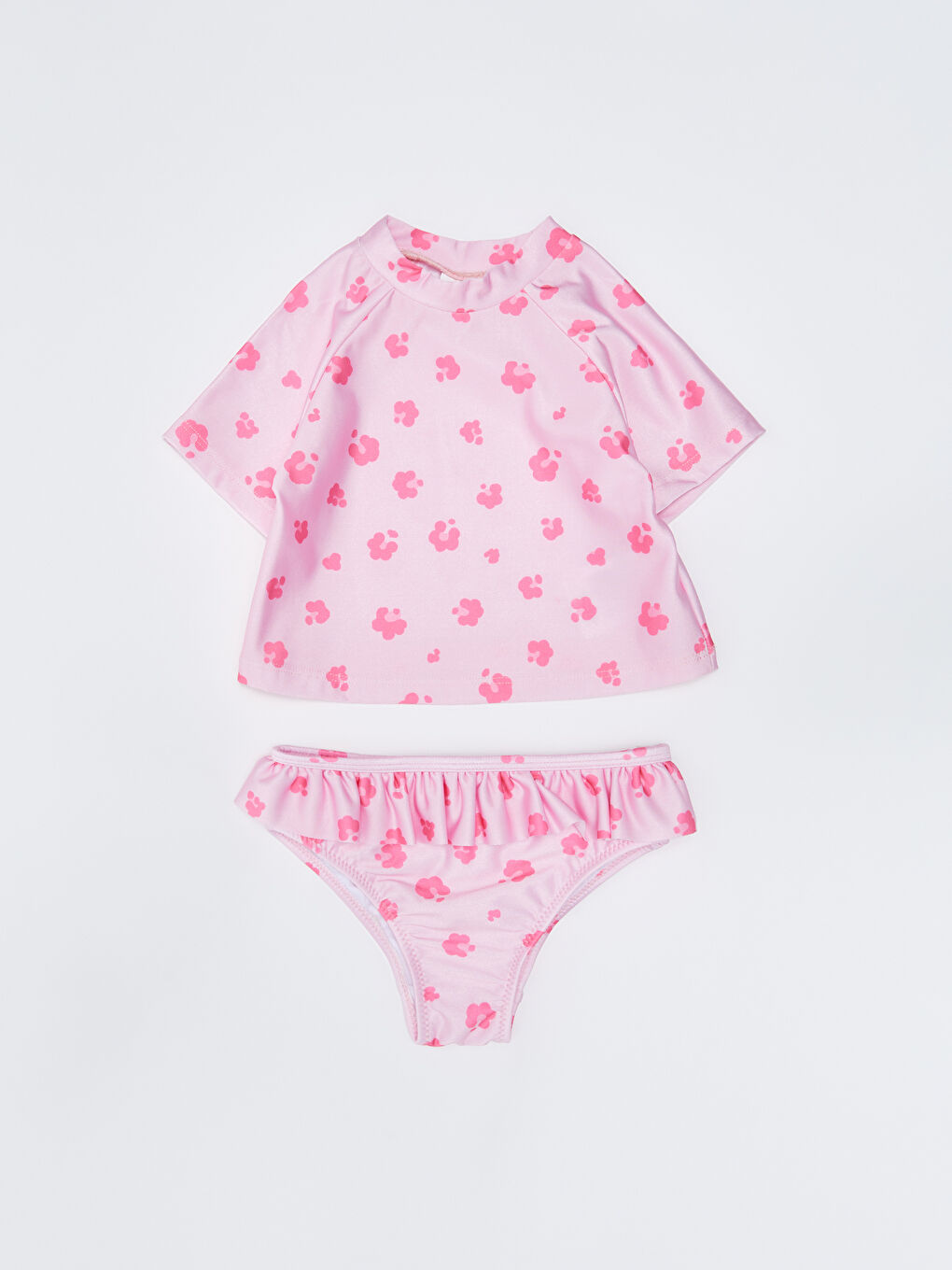 Pembe Esnek Kumaştan Baskılı Kız Bebek Bikini Takımı 3'lü-1