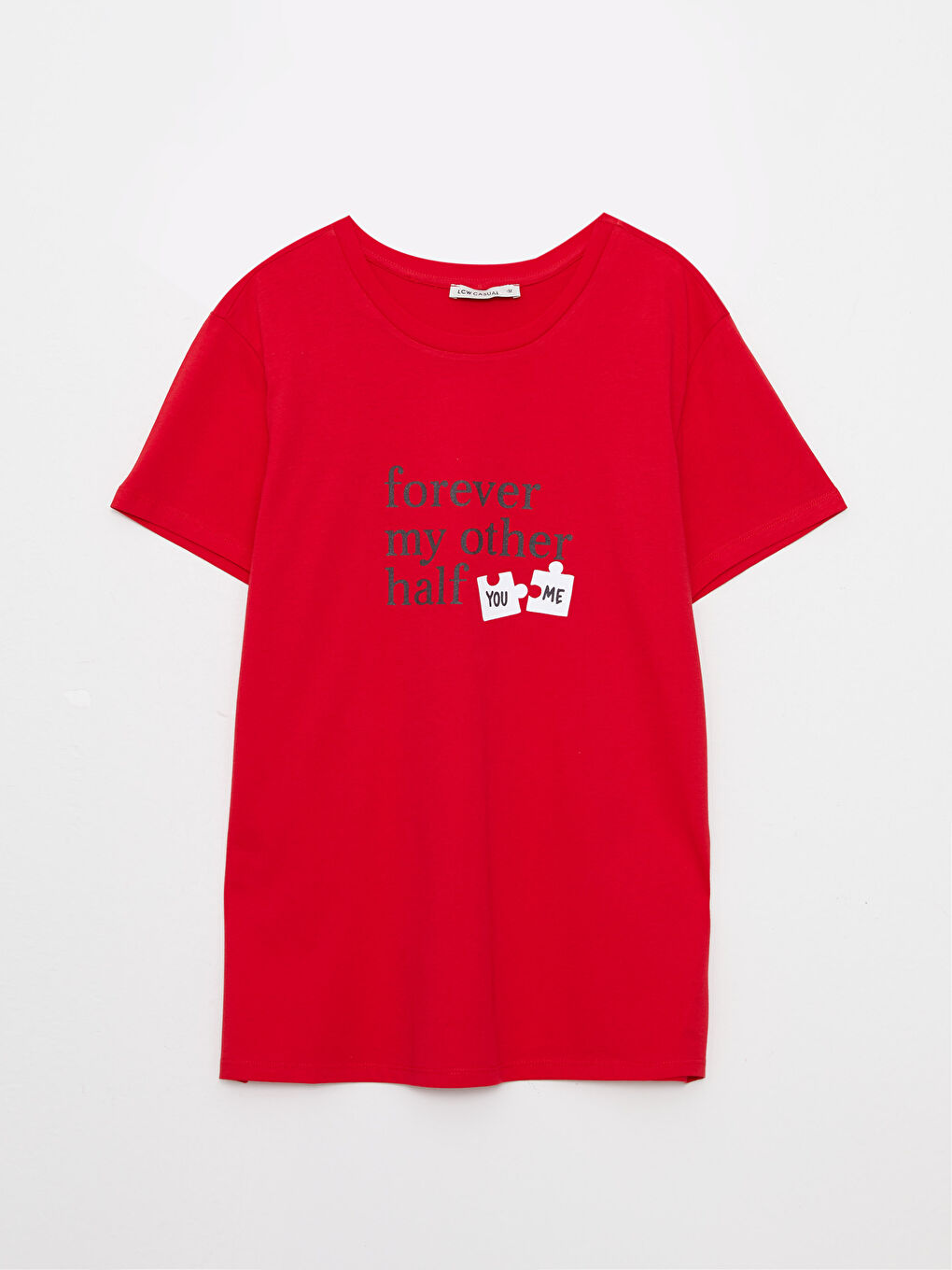 Kırmızı Bisiklet Yaka Baskılı Kısa Kollu Pamuklu Kadın Tişört-5