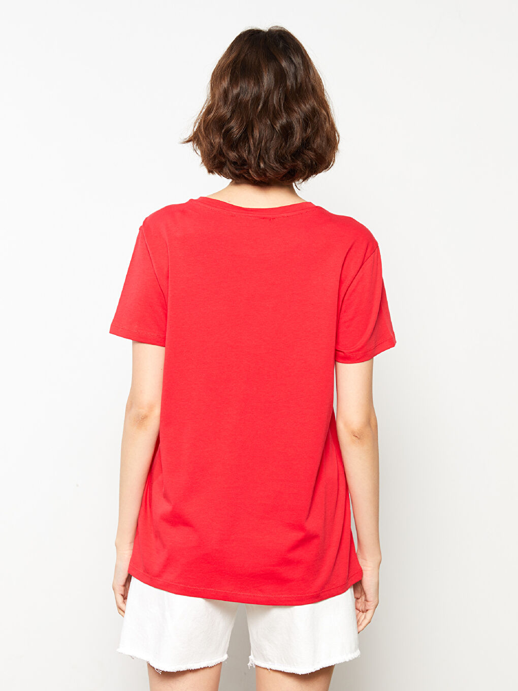 Kırmızı Bisiklet Yaka Baskılı Kısa Kollu Pamuklu Kadın Tişört-4
